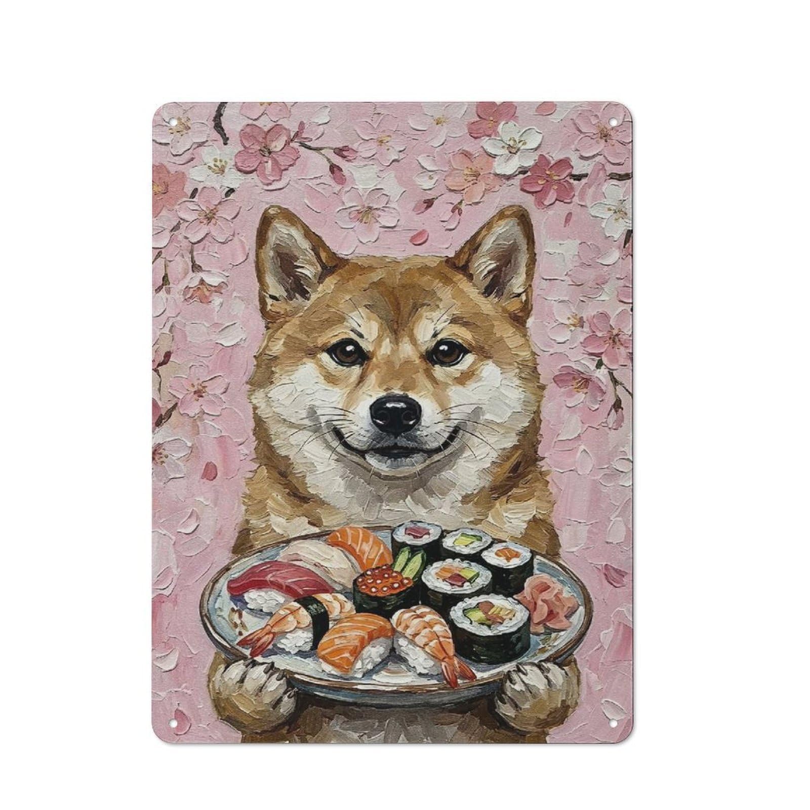Junmoney Style-11 Vintage Vintage Metal Sign 40X30cm Featuring Shiba Inu With Sushi, Restaurant Wall Art For Takeaway, Bar, Kitchen Or Counter Area