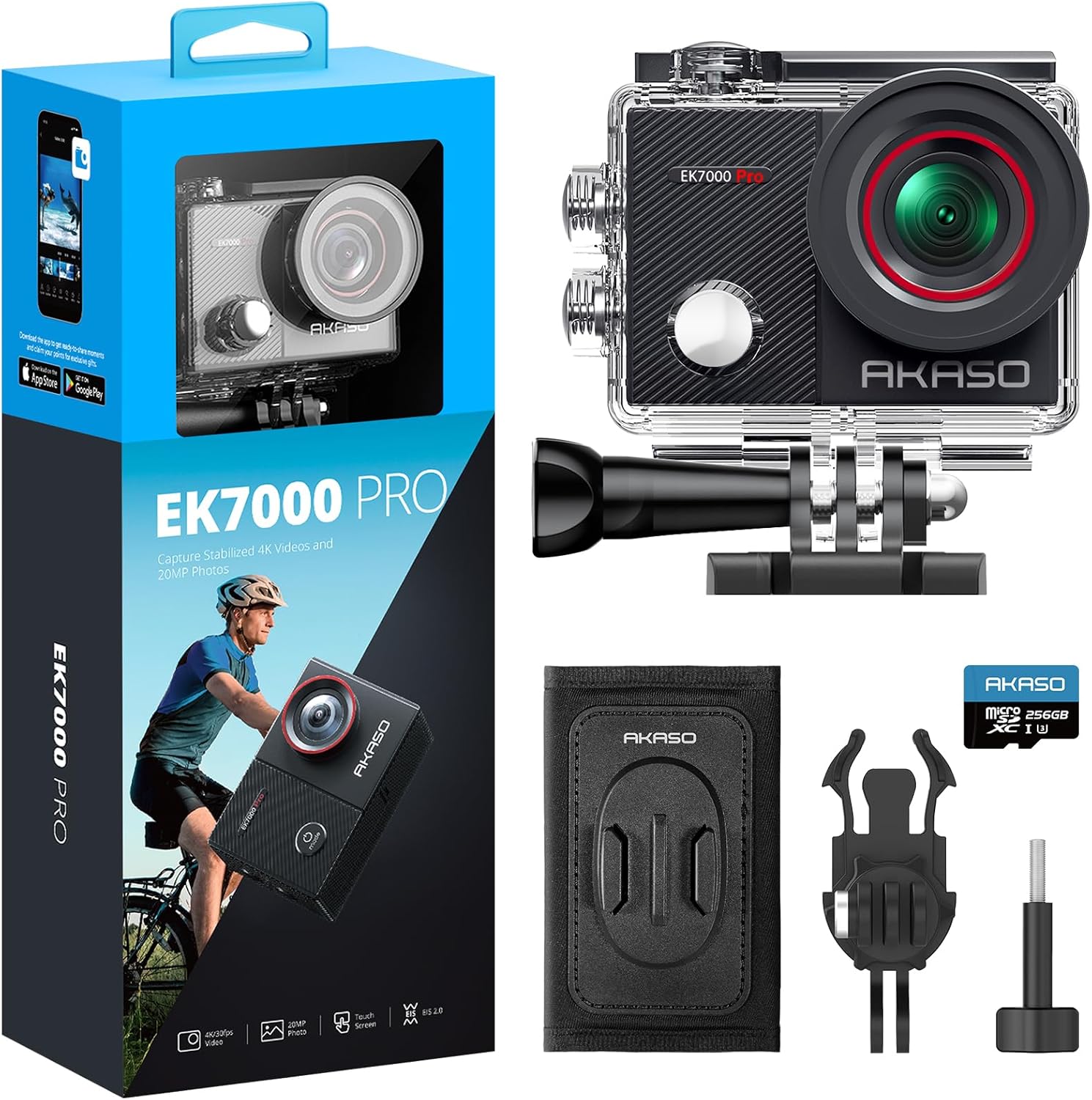 AKASO EK7000 Pro Action Camera with MicroSDXC U3 Card and Quick Release Backpack Shoulder Strap Mount Accessories Kit Bundle