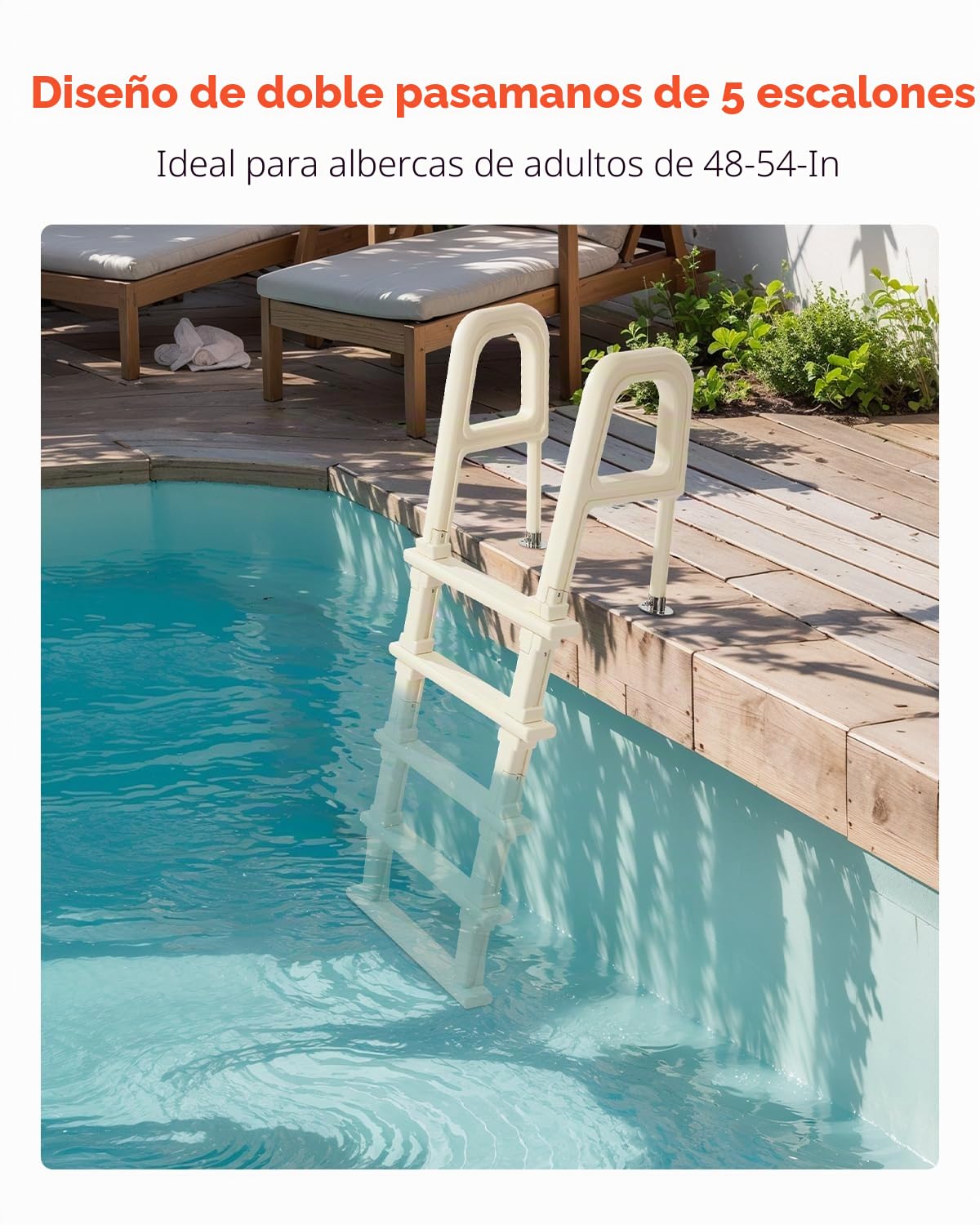 VEVOR Escalera para Piscina con Pasamanos Dobles de 5 Escalones con Inclinación de 75°, Escalones Resistentes Antideslizantes, Carga de 136 kg, para Piscinas Enterradas y Elevadas, 810 x 605 x 1790 mm