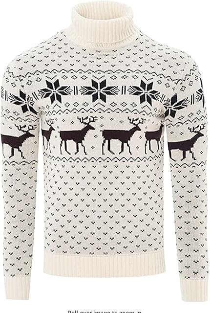 Mens Christmas Jumper Xmas/Reindeer Stag Nordic Stag Festive Christmas Jumper/Cardigans/Roll Neck S - 3XL (Roll_Neck_Ecru, 2XL)