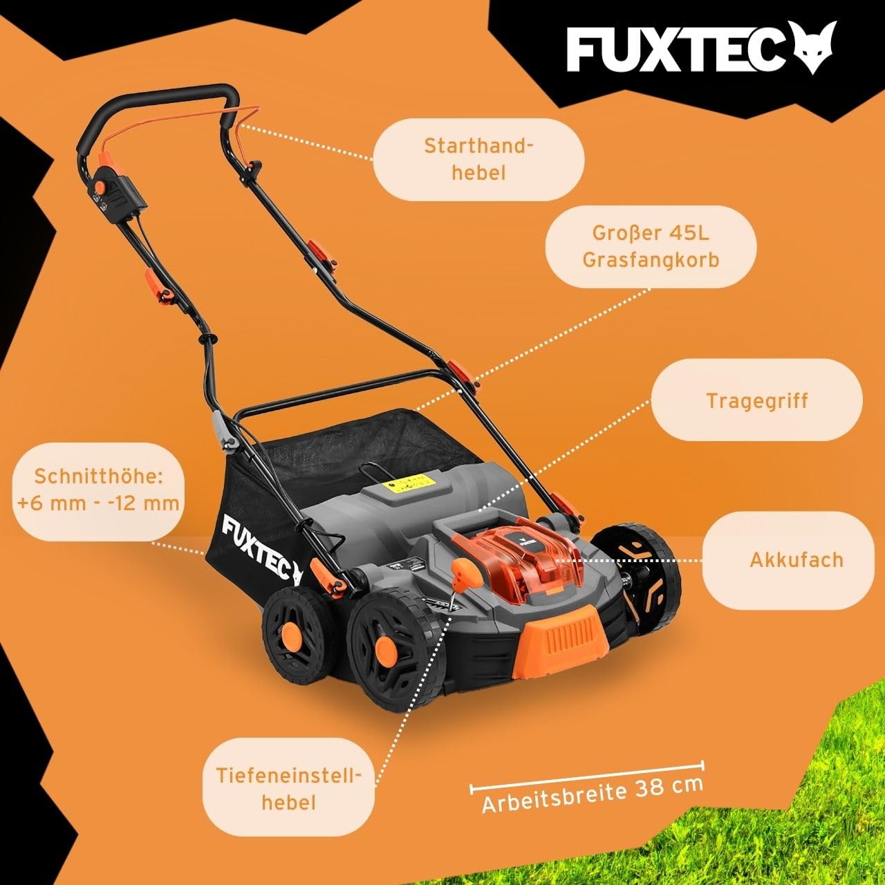 FUXTEC 40V Akku-Vertikutierer FX-E2VE38SET inkl. Akku+ Ladegerät, 2-in-1 Vertikutieren & Belüften, 38 cm Arbeitsbreite, einstellbare Arbeitstiefe bis 12 mm, 45L Fangkorb, leistungsstark & kabellos