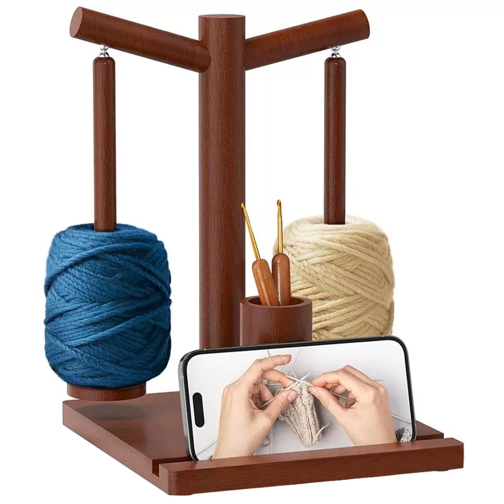 Dévidoir et support de fil pour crocheter rotatif double broche en bois avec range-accessoires