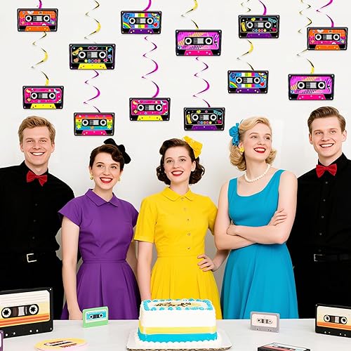 Miniatura 2 de Jollyboom Cinta de cassette para decoración de fiesta, 24 piezas de radio de los años 80 y 90 para colgar en espirales de cumpleaños, banderines