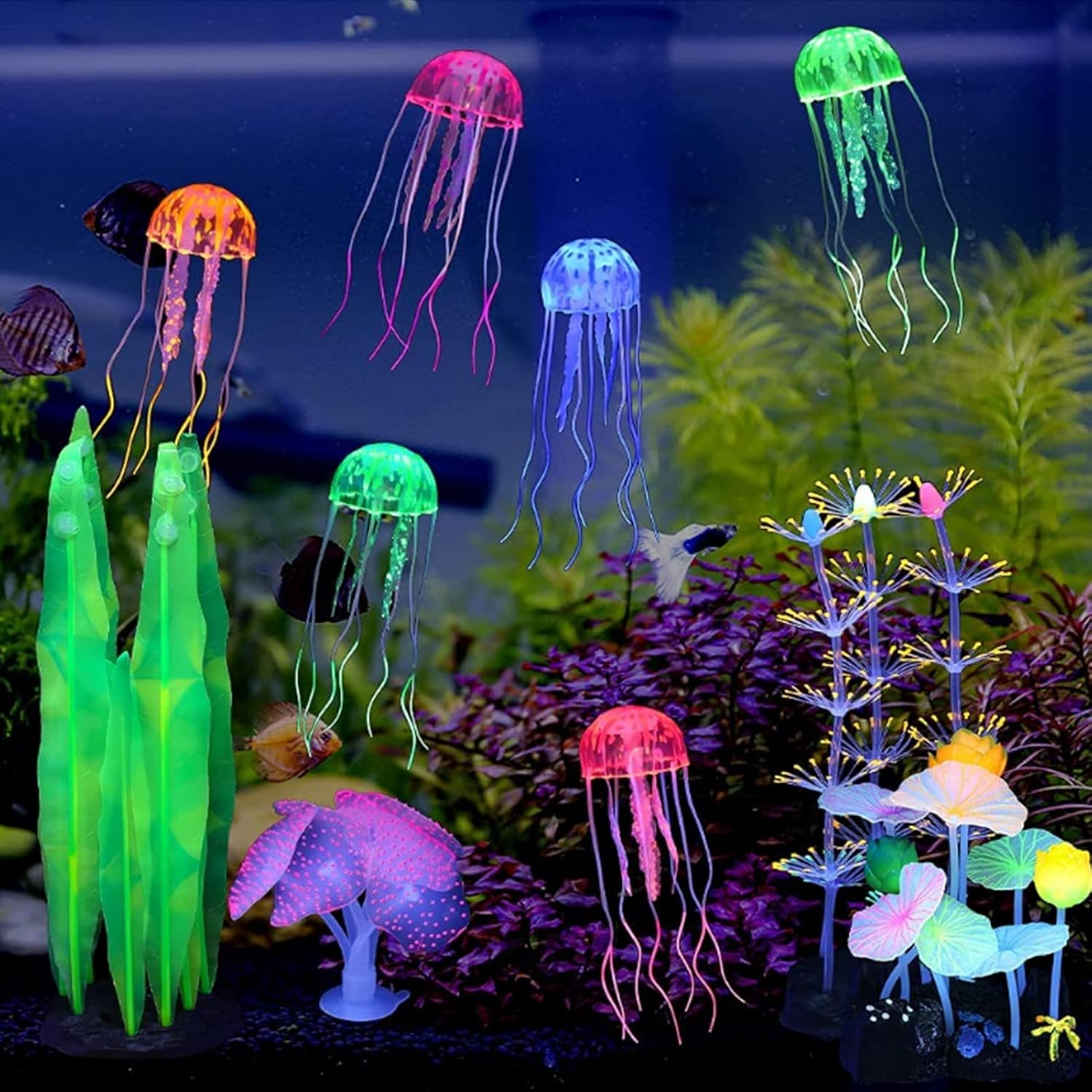6pcs Glowing Fish Tank Decorations Simulation Silicone Kelp Silver Lotus Lotus Leaf Feather Coral Jellyfish Ornaments