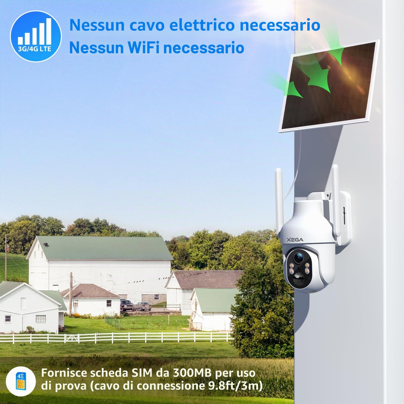 Xega 4G LTE Telecamera SIM Esterno con Pannello Solare,2K HD PTZ Telecamere