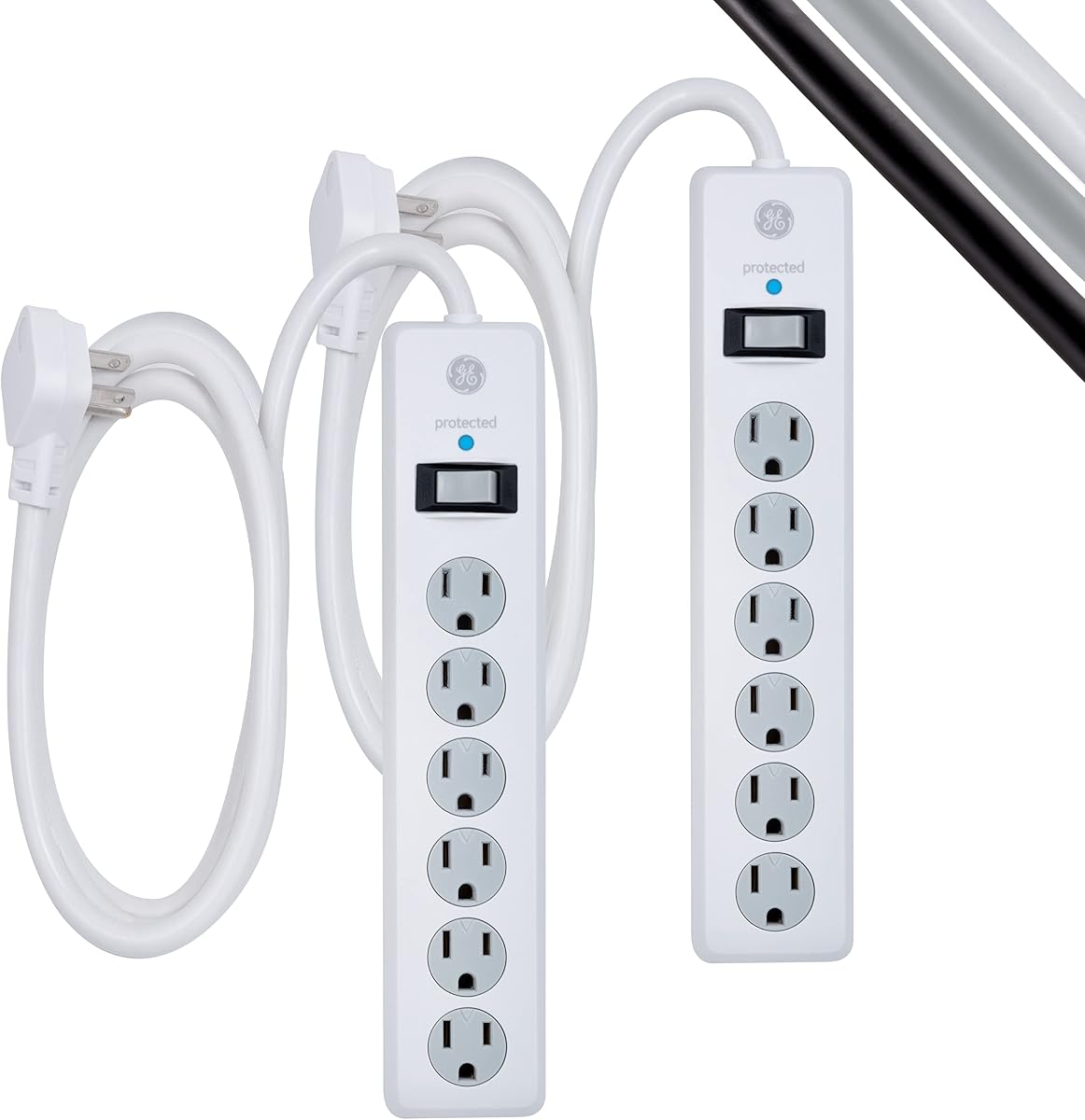 GE Surge Protector Power Strip, 2 Pack, 6 Ft Extension Cord | 6 Outlet Extender, 800 Joules, Flat Plug, Wall Mount, Twist-to-Close Safety Covers, ETL Safety Listed, White, 54638