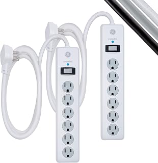 GE 6-Outlet Surge Protector 2-Pack, 6ft Extension Cord, 800 Joules, Flat Plug, Safety Covers, Wall Mountable - White