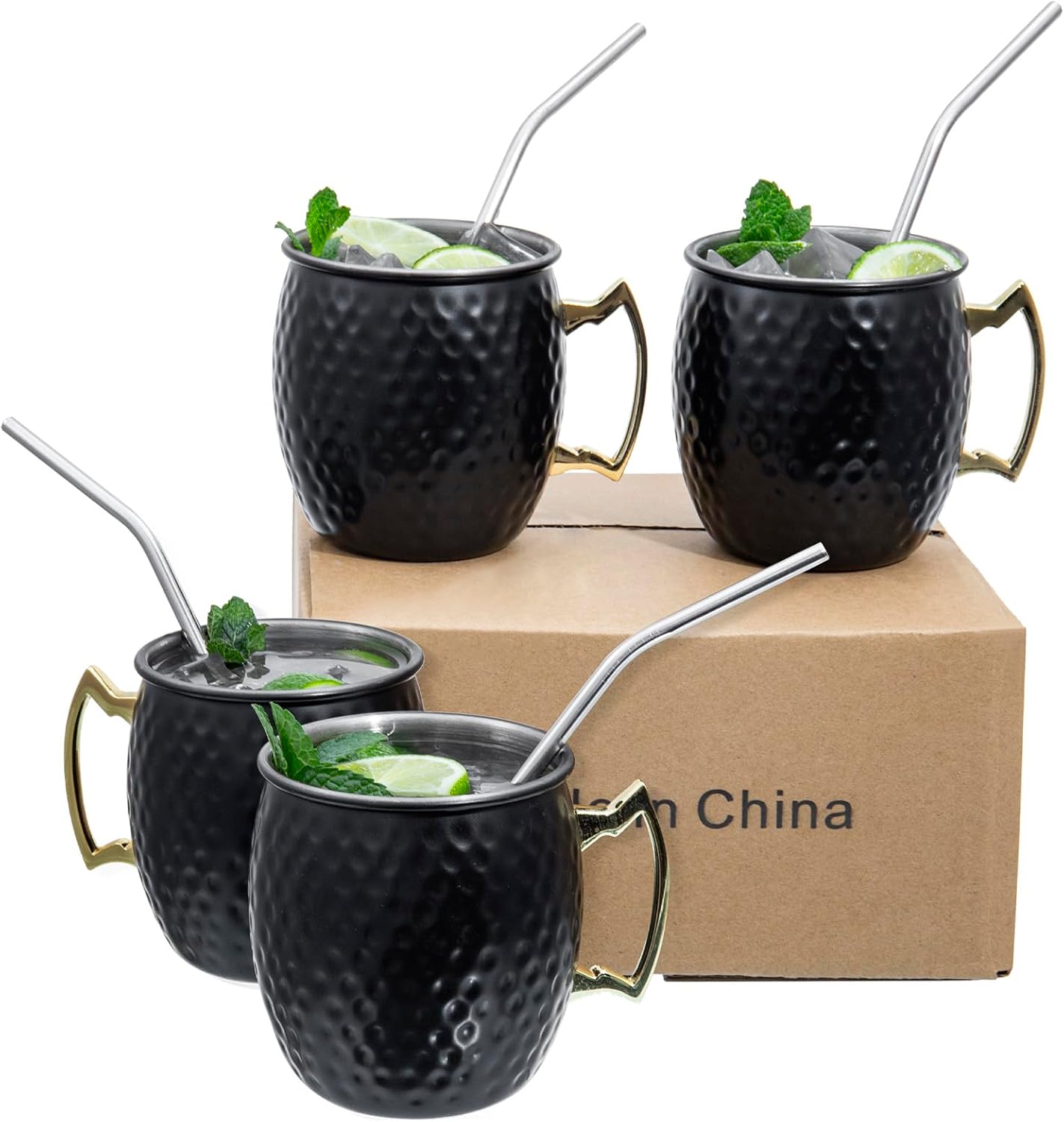 MyGift 16 oz Matte Black Mug Moscow Mule Mugs, Stainless Steel Bar Mugs Hammered Drinking Glasses with Brass Tone Handle, Set of 4