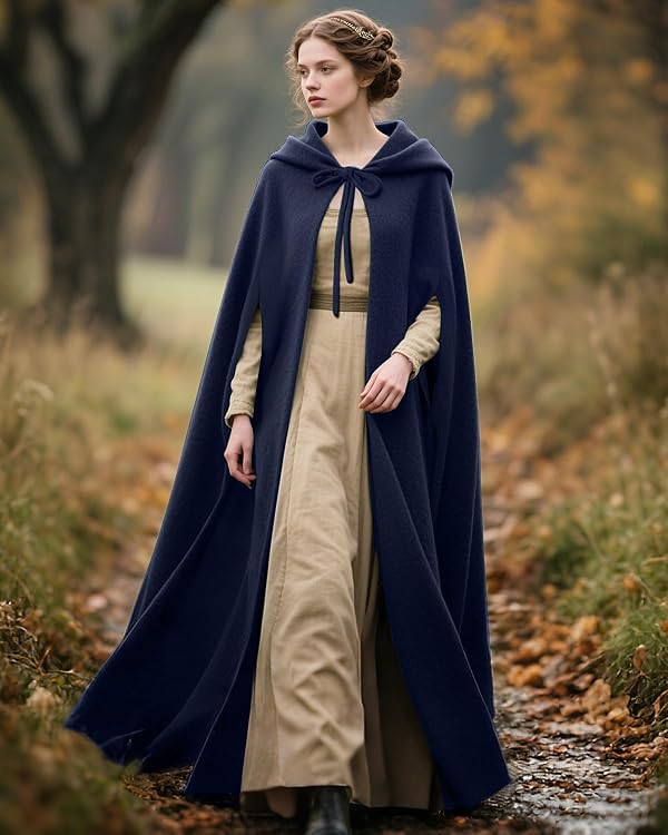 Women's Wool Hooded Cloak with Arm Holes Renaissance Winter Cape, Navy Blue by Joukavor - Image 3