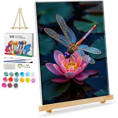 YOYA Framed Paint by Numbers Kit for Adults - Dragonfly Adult Paint by Number Kits on Canvas with Easel, DIY Flower Dragonfly Paint by Number Framed Canvas for Home Wall Decor 8x12 Inch