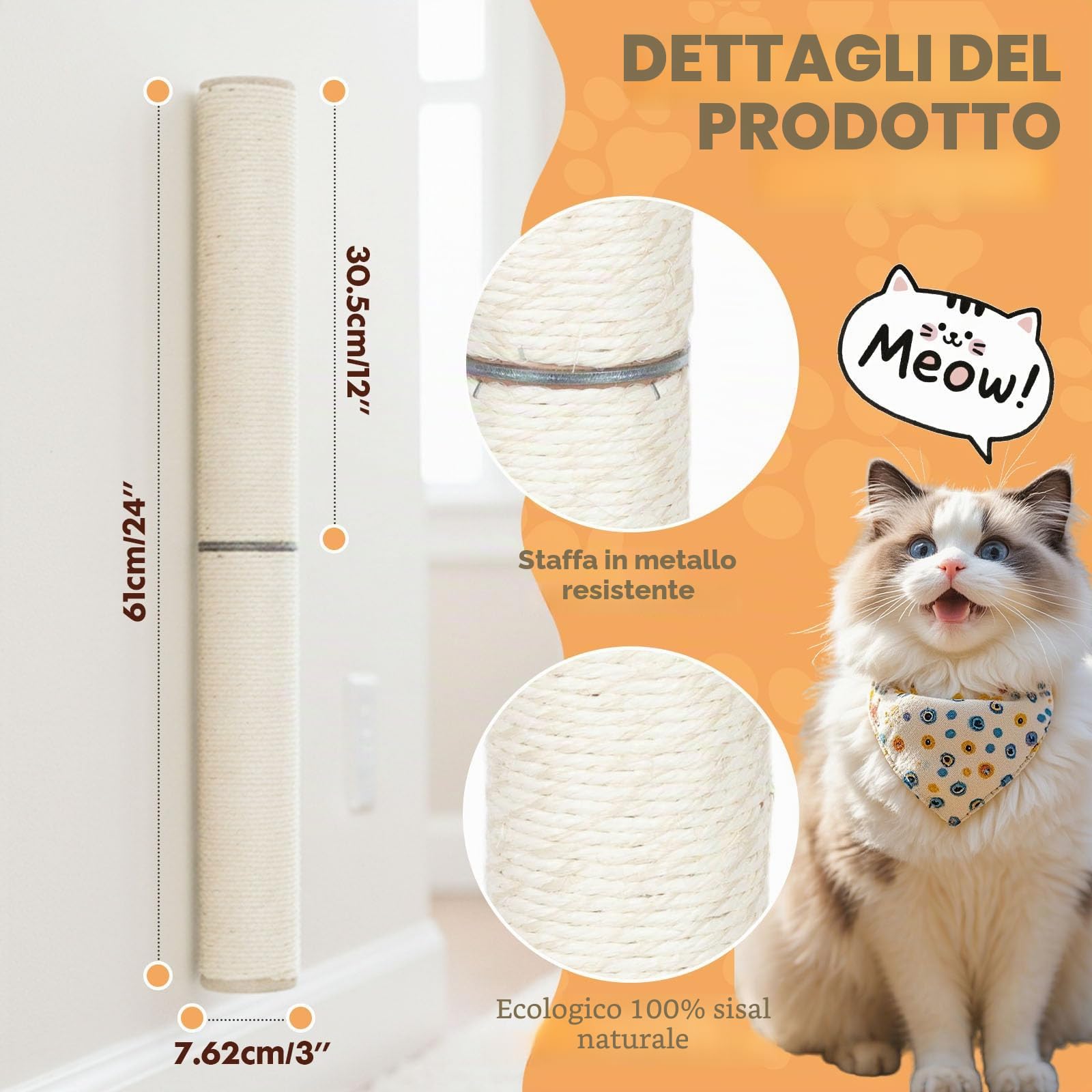Tiragraffi verticale da parete in sisal per gatto da interno - 60 cm - Mobile da parete per gatto - Con corda di juta naturale e design rotativo
