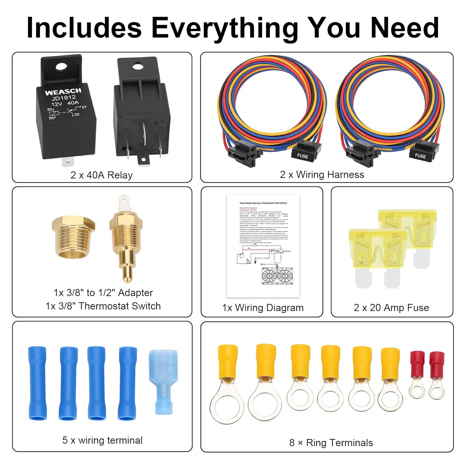 2 Pack Electric Fan Relay Kit, 12V 40A, Fan Sensor Switch Electric Cooling Fan Thermostat Kit, with Thermostat Switch 185°F ON 175°F Off (2)
