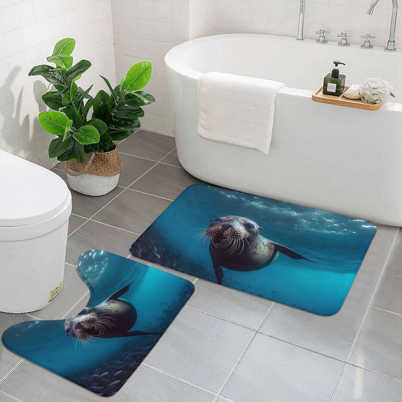 Tapis de bain sous-marins et tapis WC en U noir | Lot de 2