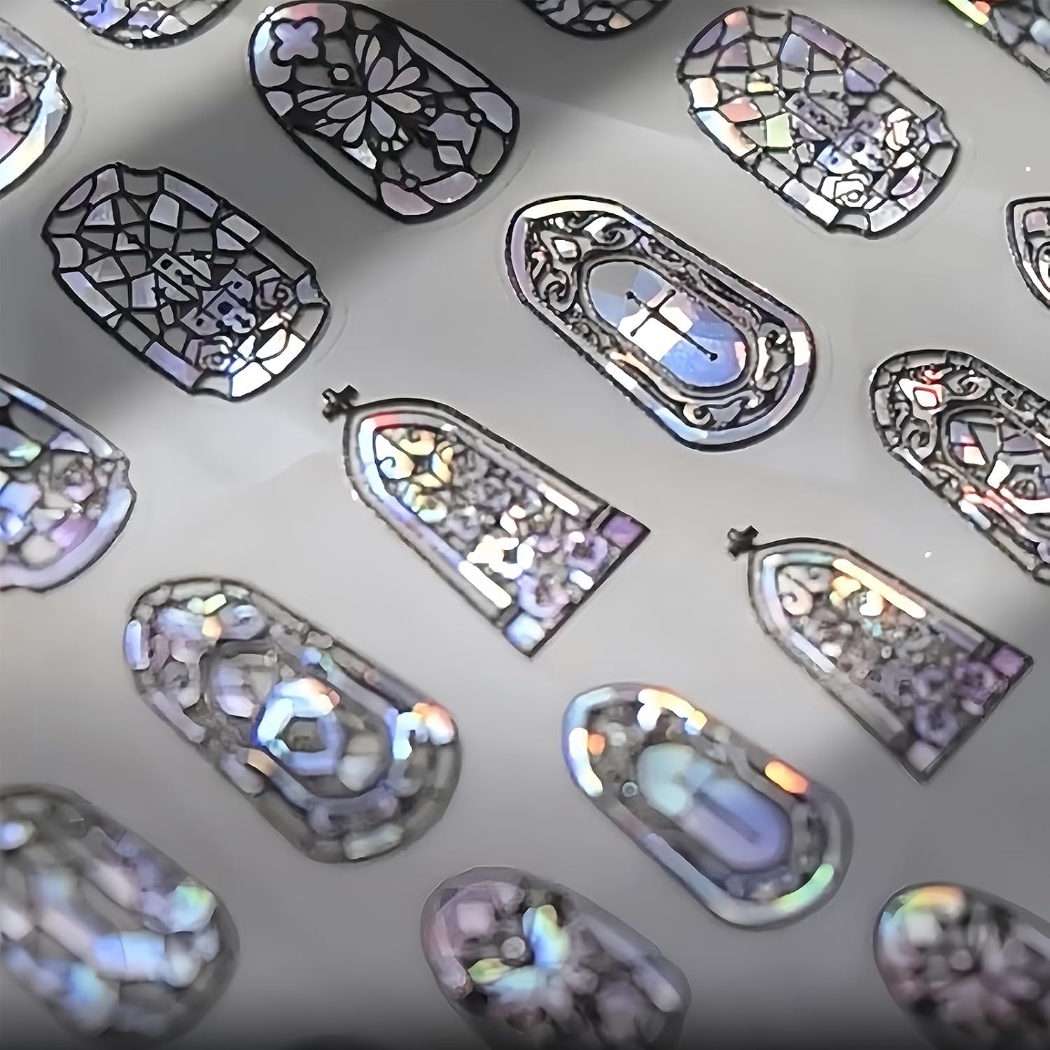 Stained Glass Nail Art Stickers, Holographic Nail Decals 3D Self-Adhesive Nail Decoration Stickers for Women, Nail Accessories Supplies for DIY Manicure image 4