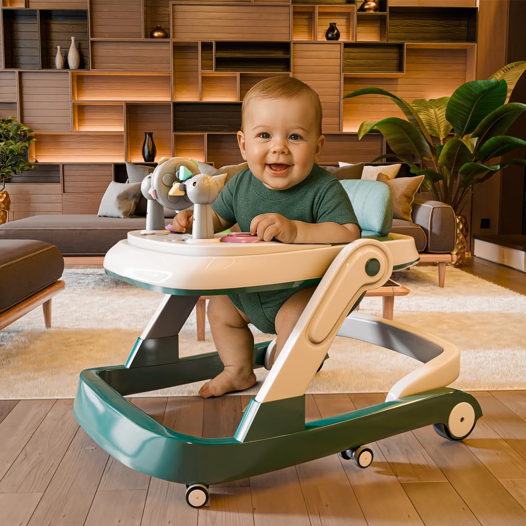 Cockatoo-Kids FirstMove 3-in-1 Baby Walker Rocking Push Seated Adjustable Height Foldable 360° Wheels Anti-Fall Safety Pads Music Toy Tray Safe for Infants Toddlers 20kg Capacity Dark Green-image-42