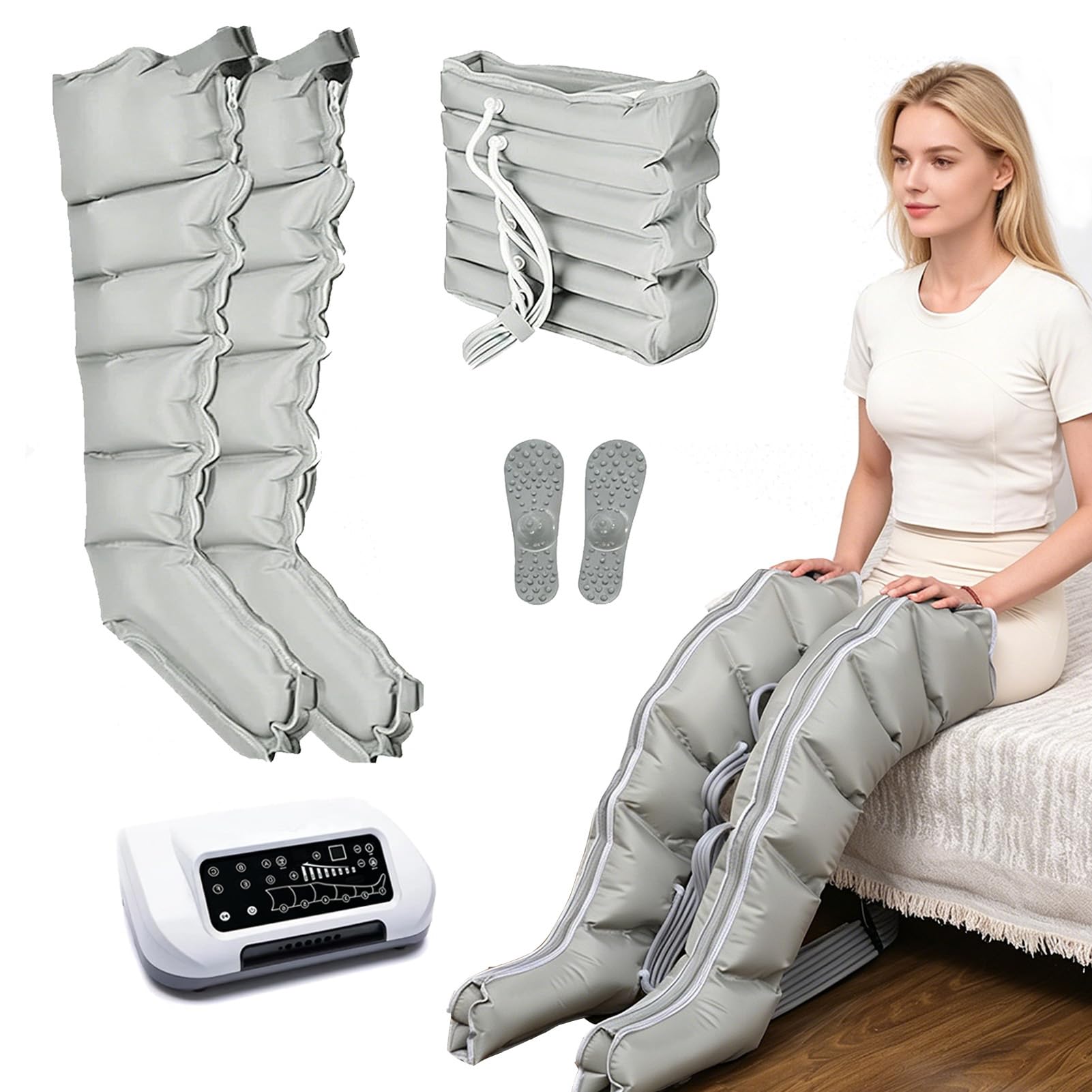 leg compression machine, Air Compression Leg Massager 6 Cavity, Lymphatic Drainage Massager with Pressure Detection, Auto Exhaust, Relieves Pain and Edema, Enhances Circulation for Swelling Relief
