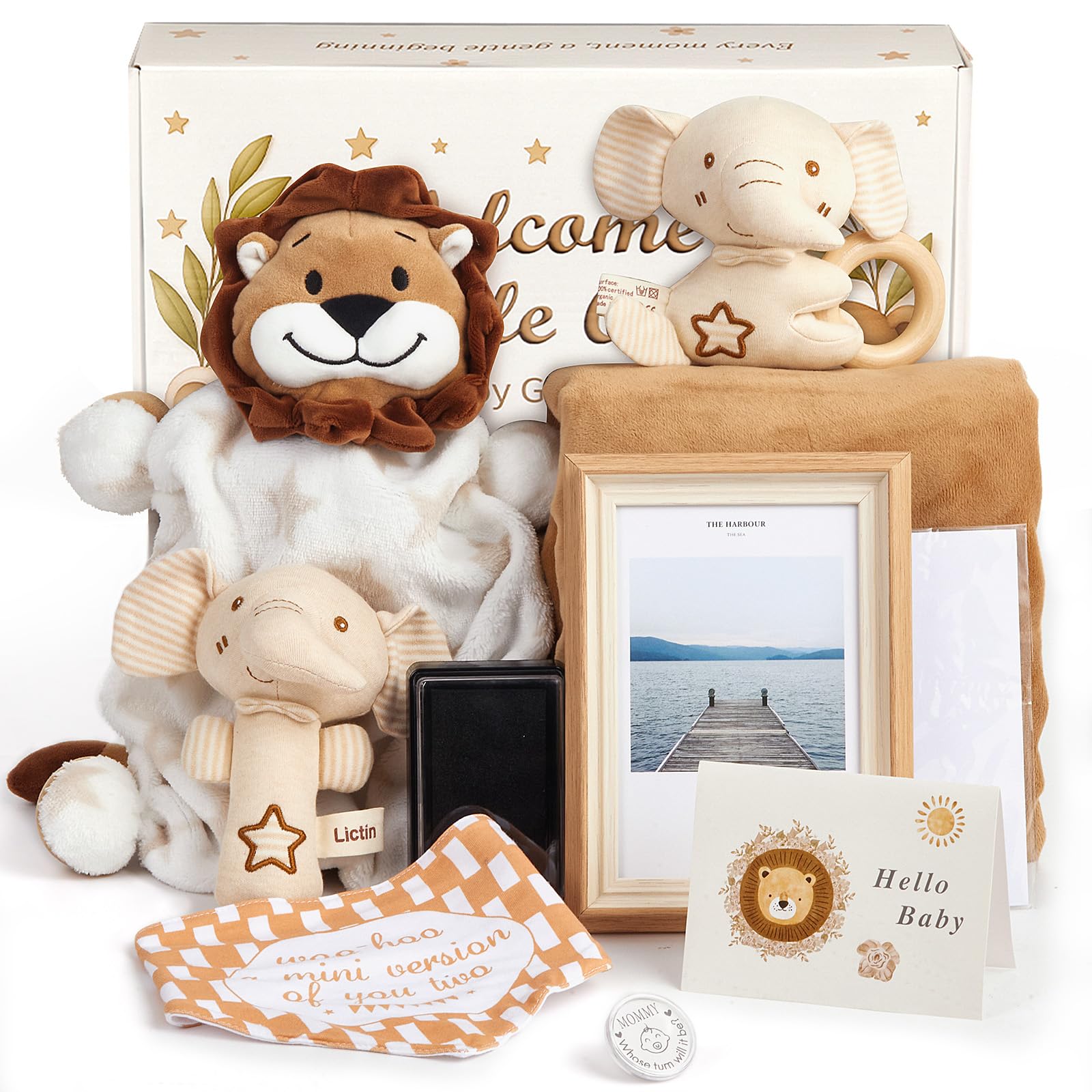 Lictin Geschenke zur Geburt, Neugeborenen Geschenk mit Baby Sicherheitsdecke, Baby Rassel, Baby Lätzchen, Entscheidungsmünze, Andenken Fußabdruck, Fotorahmen, Grußkarte