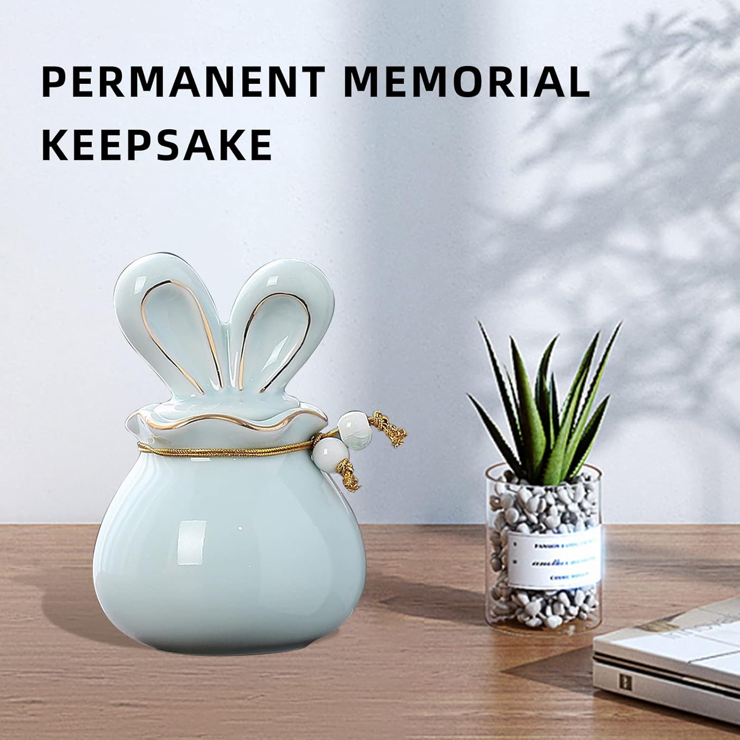 Ceramic Small Cremation Urn for Pet Ashes with Rabbit Ear Design,Includes Velvet Bag and Urn Necklace,Keep Your Beloved Pet Close to Your Heart Forever with This Decorative Mini Urns (Blue)