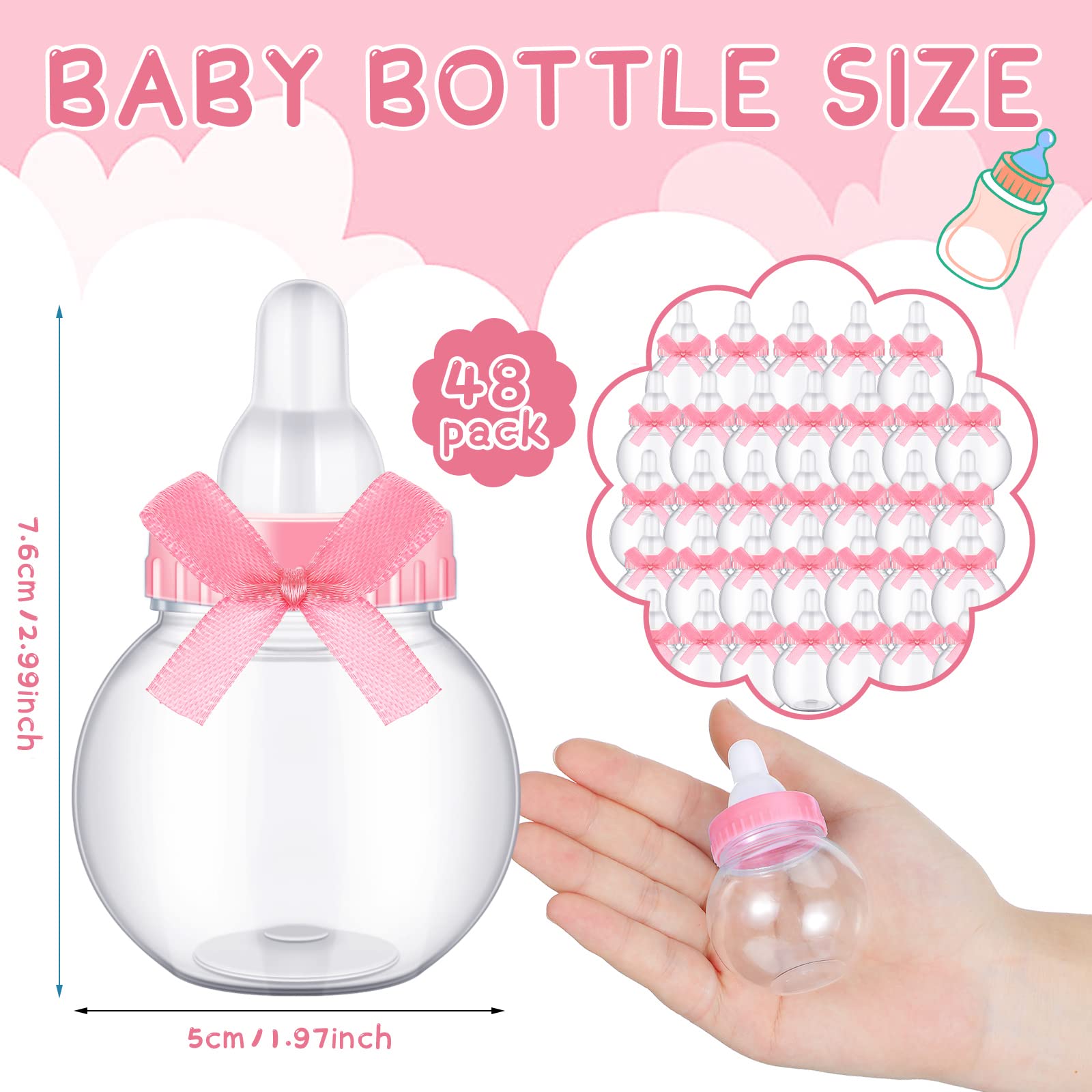 Sosation 48 Pcs Mini Bottles for Baby Shower Favors Bulk, Small Candy Bottle Clear Plastic Milk Bottle with Bow Knots for Newborn Baby Shower Party Decor(Pink)