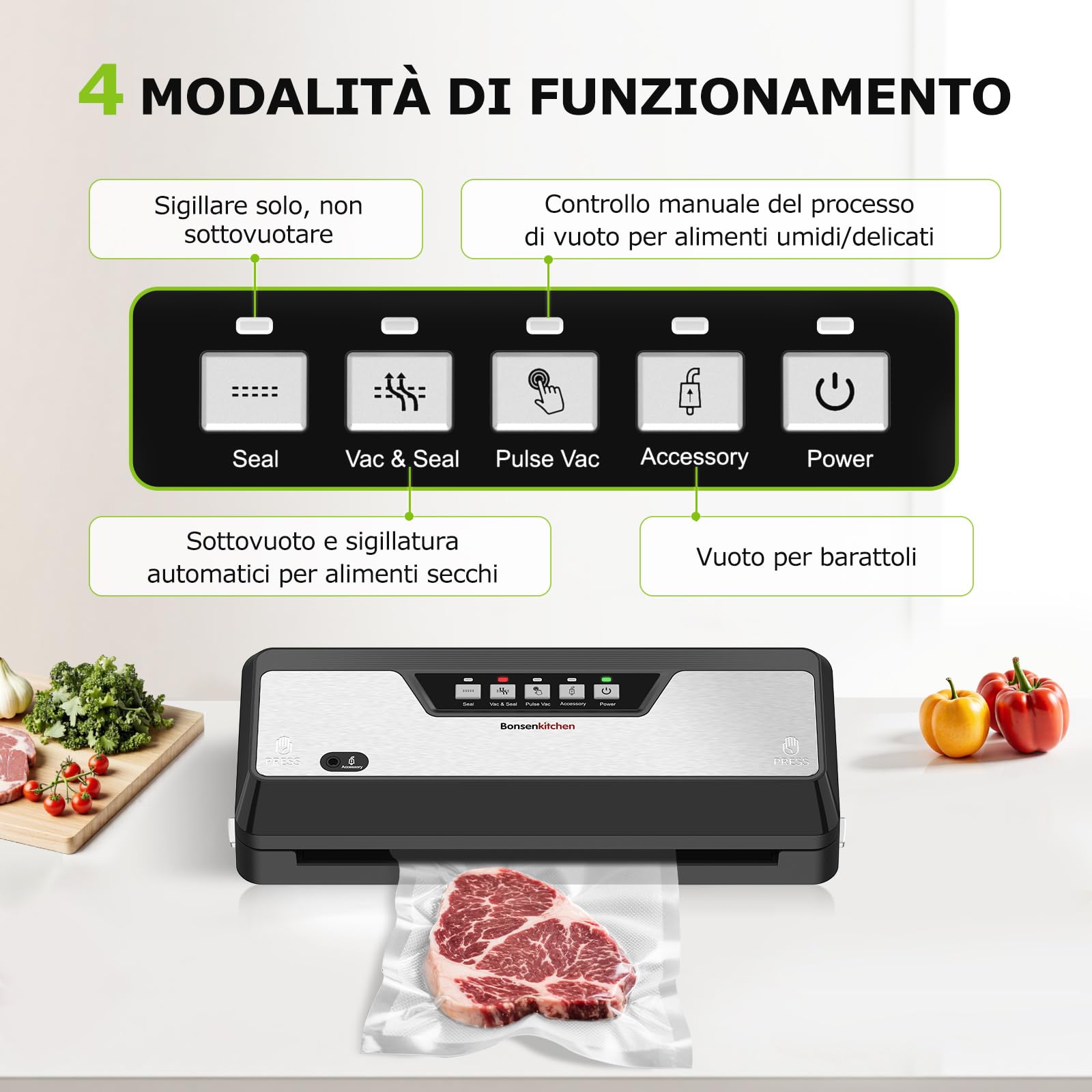 Bonsenkitchen Macchina Sottovuoto Alimenticon Taglierina Integrata e Vano Porta Sacchetti per Cottura Sous Vide e Preparazione Pasti | 4 Modalità | 1 Rotolo di Sacchetto e 5 Sacchetti, Nero