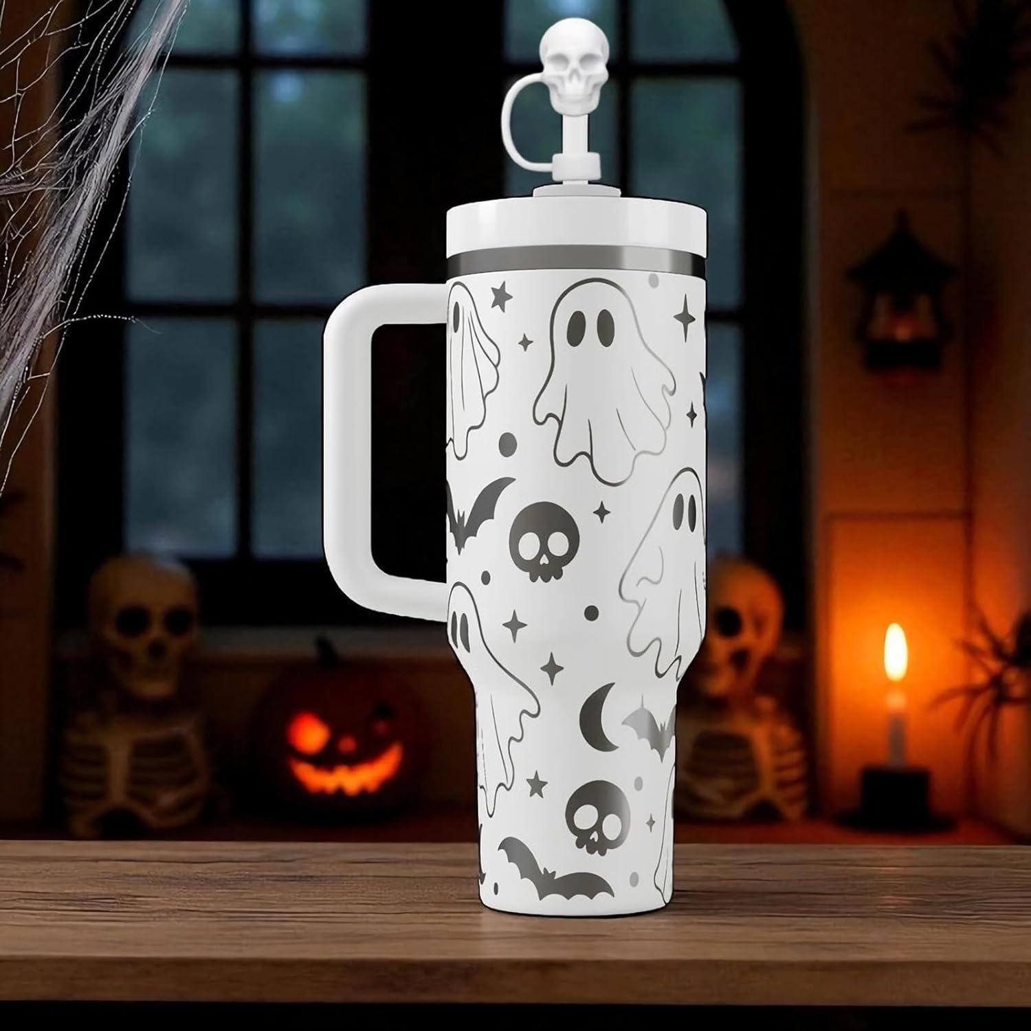 Skull Straw Cover Cap for Stanley Cup, 4Pcs 10mm Silicone Straws Protector Halloween Straw Topper Compatible with 30&40 Oz Tumbler, Black White Rose Red Purple Skull Halloween Stanley Cup Accessories - Image 4