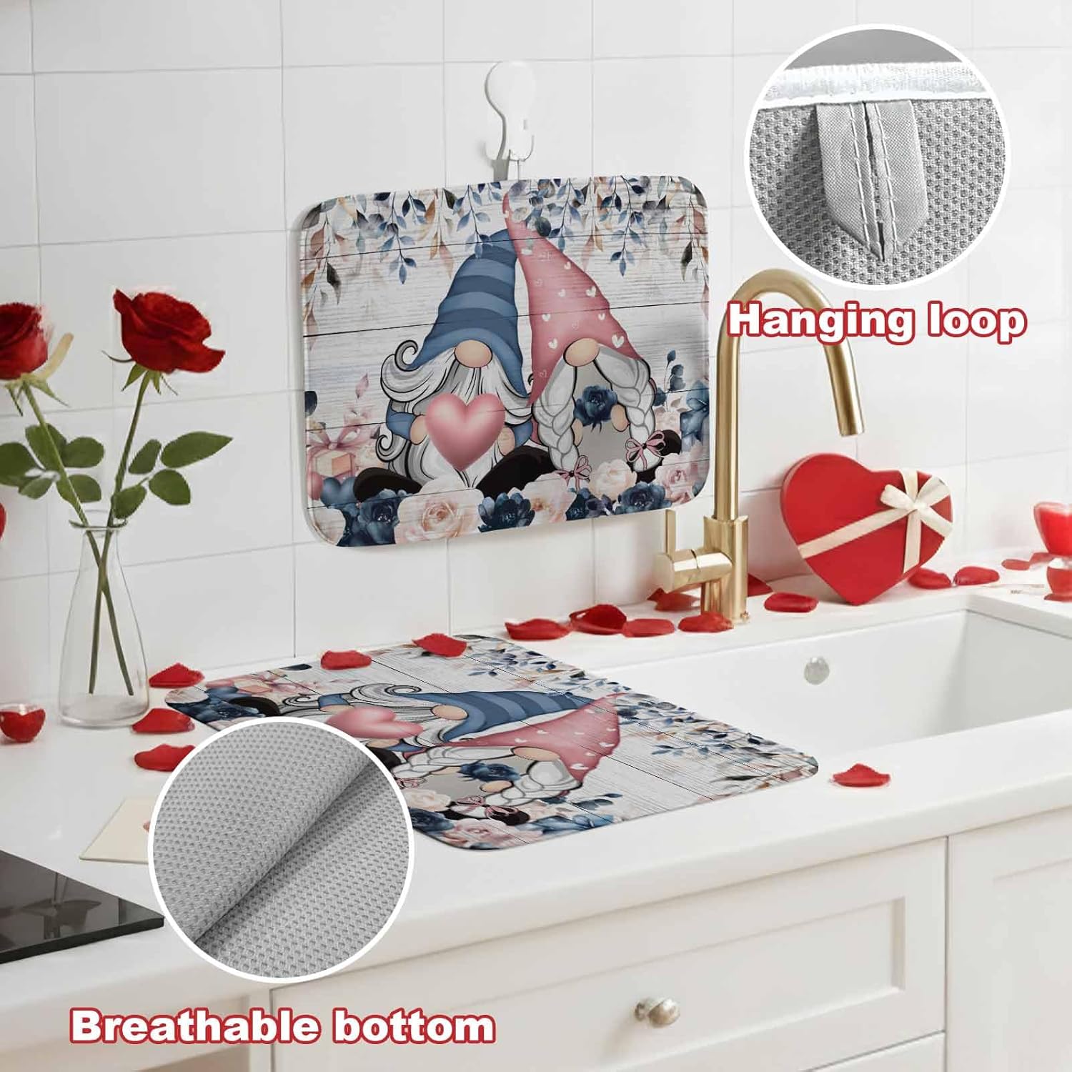 Valentine's Day Dish Drying Mat 2 Pack, Dwarfs Black Pink Rose Love Heart Wood Grain Absorbent Heat Insulating Kitchen Drying Pad Drainer Mats for Sink Counter Pot Dishes 18 X 24 Inch