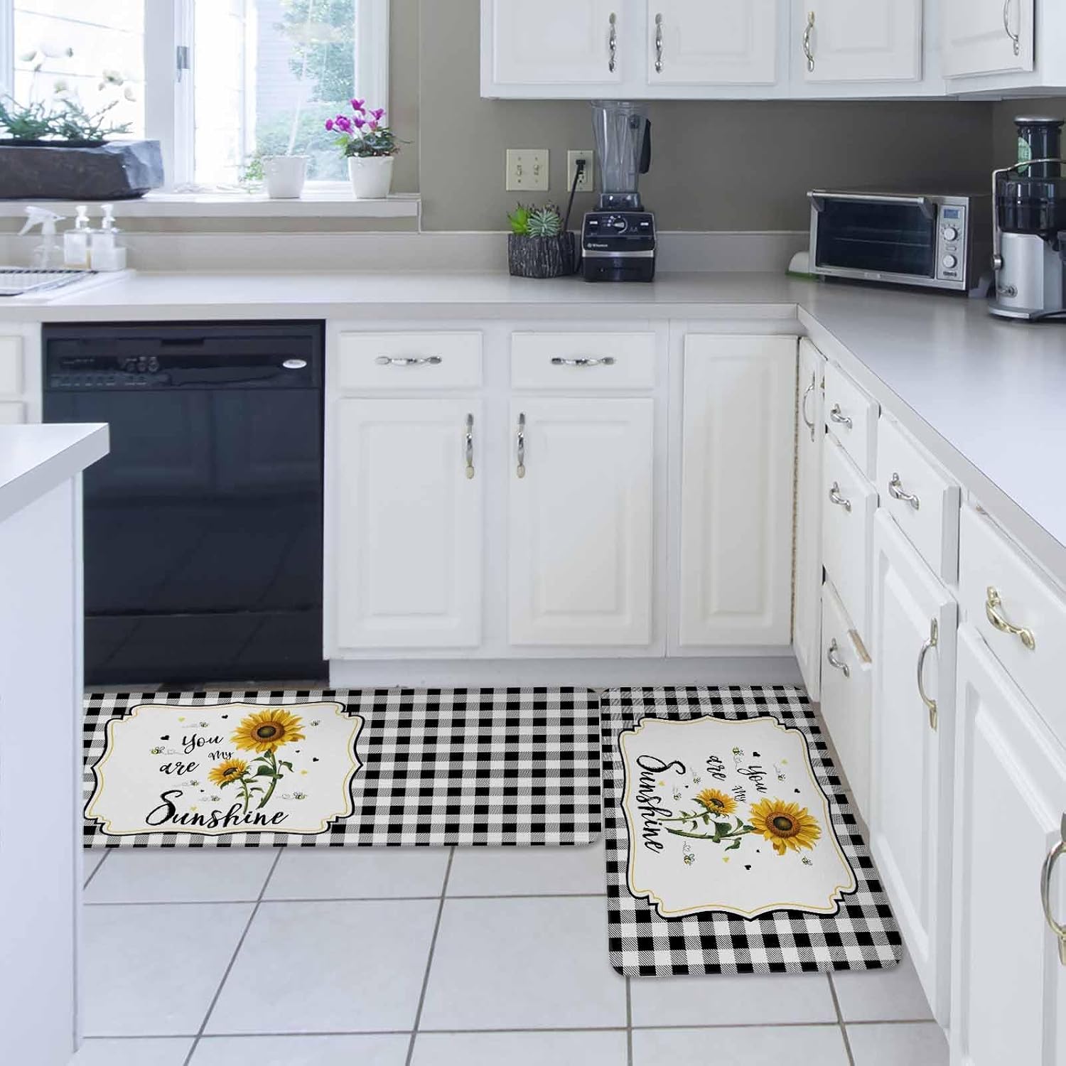 Sunflowers Kitchen Rugs and Mats Set of 2, Non-Slip Kitchen Sink Mat, Yellow Floral Botanical Black White Plaid Farmhouse Washable Doormat Bathroom Rugs Runner for Bedroom 19.7"x23.6"+19.7"x47.2"