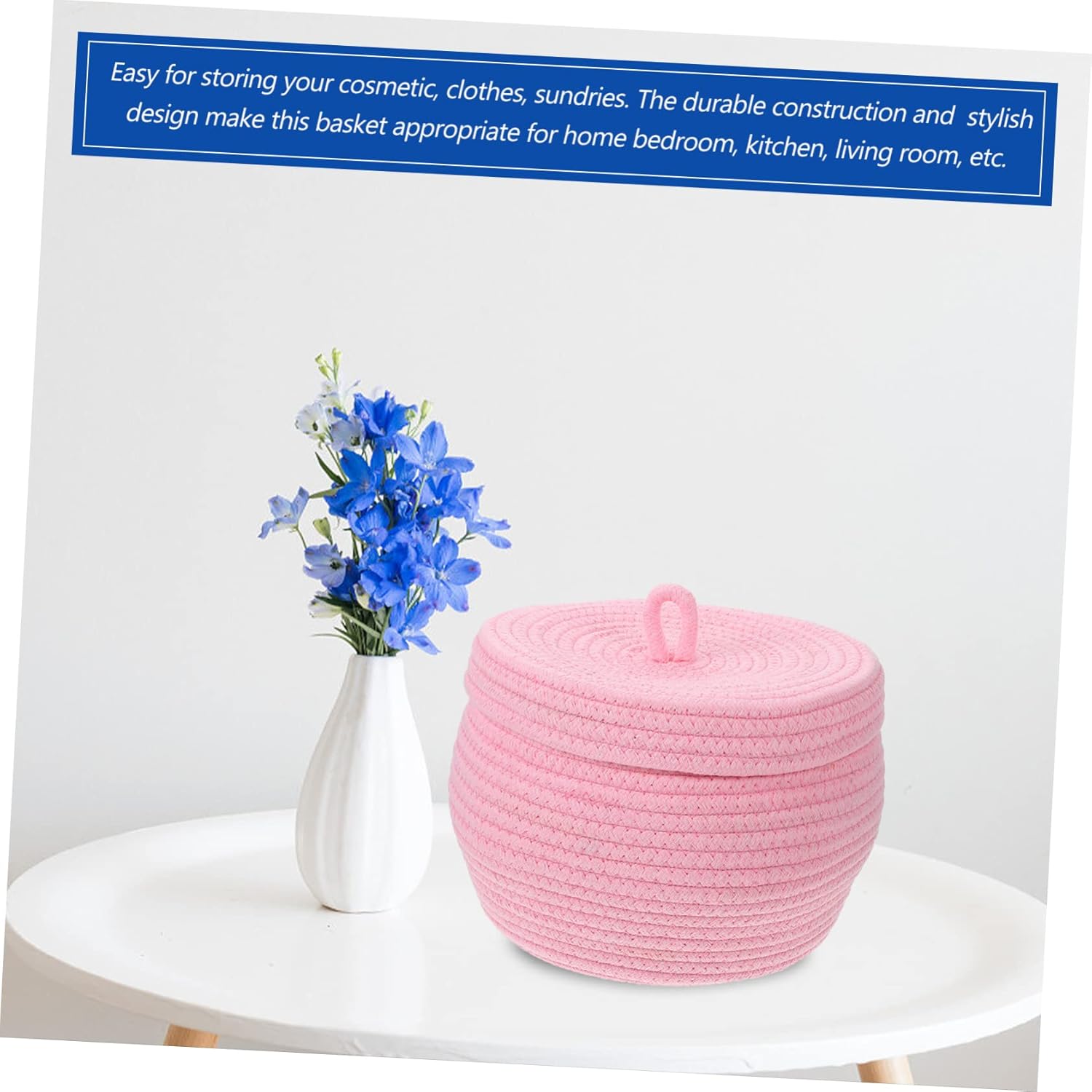 1pc Woven Storage Basket with Lid Decorative Cotton Rope Basket for Home Organization Versatile Sundries Storage Box for Desktop Nursery Minimalist Design Pure