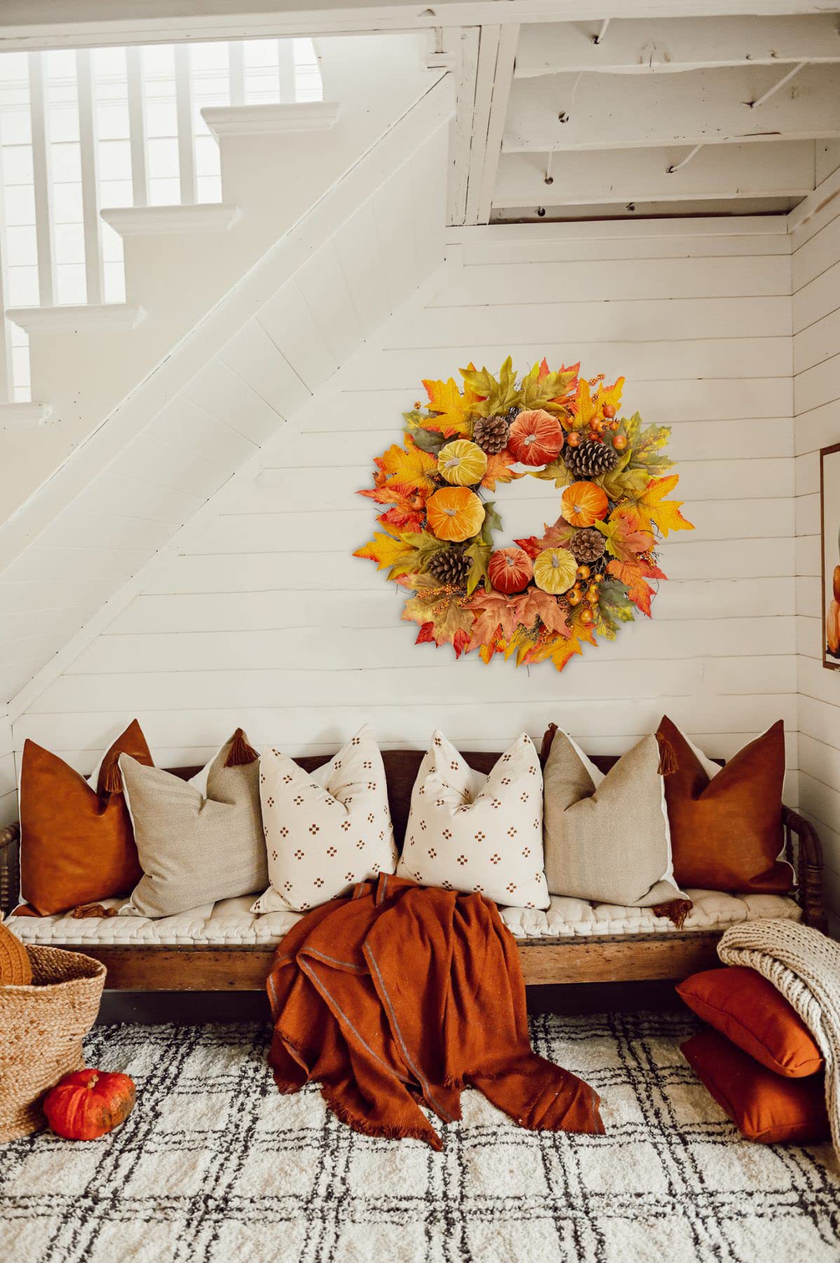 Kunstkranz Künstlich Türkranz, Ø 24"/60CM Herbst Kranz Deko Wandkranz Groß Außen Dekokranz für Haustür, Hochzeit, Garten, Fenster, Outdoor
