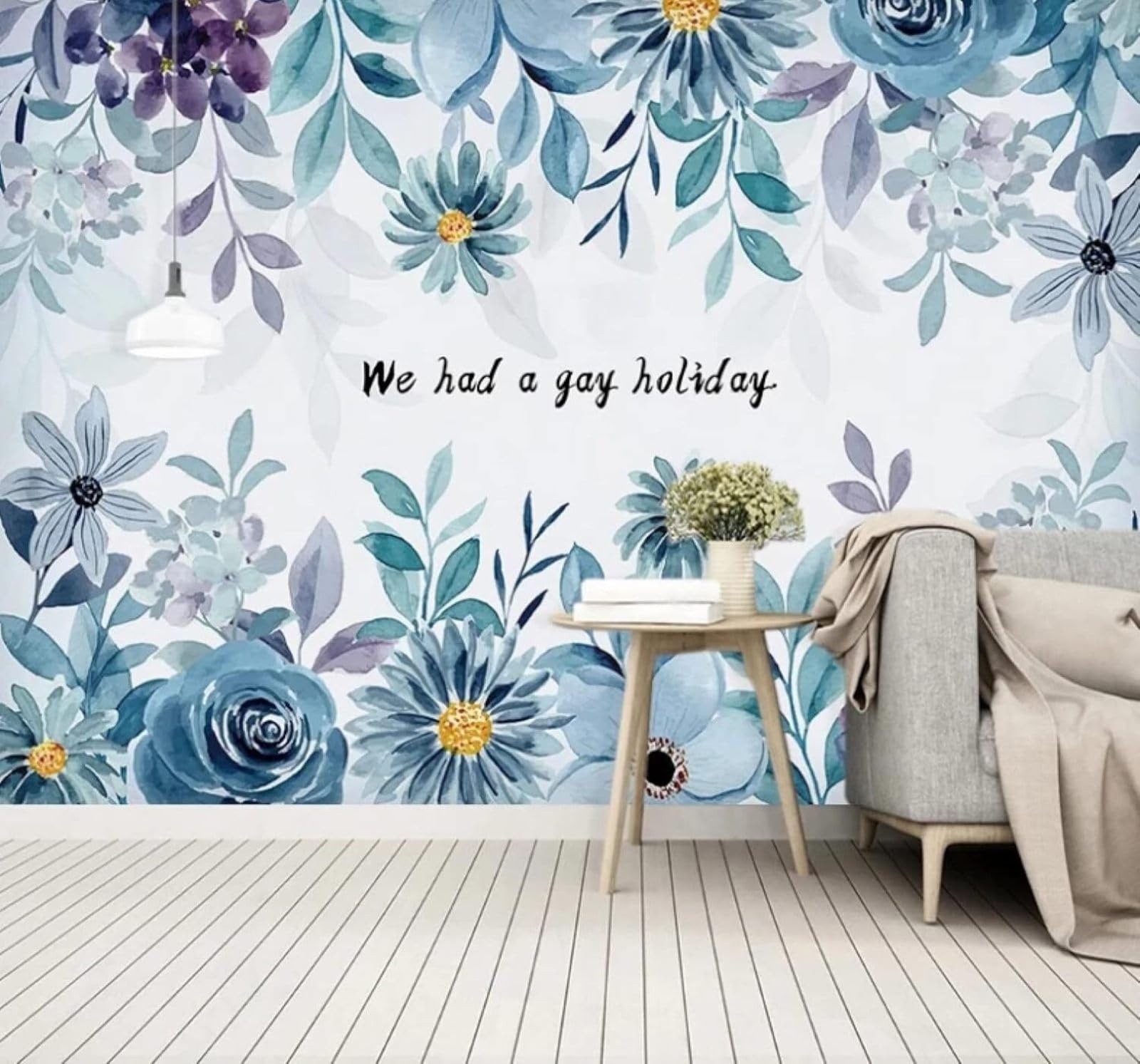 Hand Drawn Watercolour Blue Plants Flowers 3D Wallpaper Easy Install Feature Office Living Room Sofa Bedroom TV Background Wall Decoration-150cm×105cm