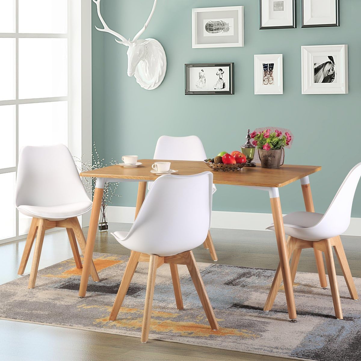 Sillas de Comedor, Sillas de Cocina con Respaldo Ergonómico, Asiento Acolchado Tapizado y Patas de Madera Maciza de Haya (Blanco, 4 Sillas)