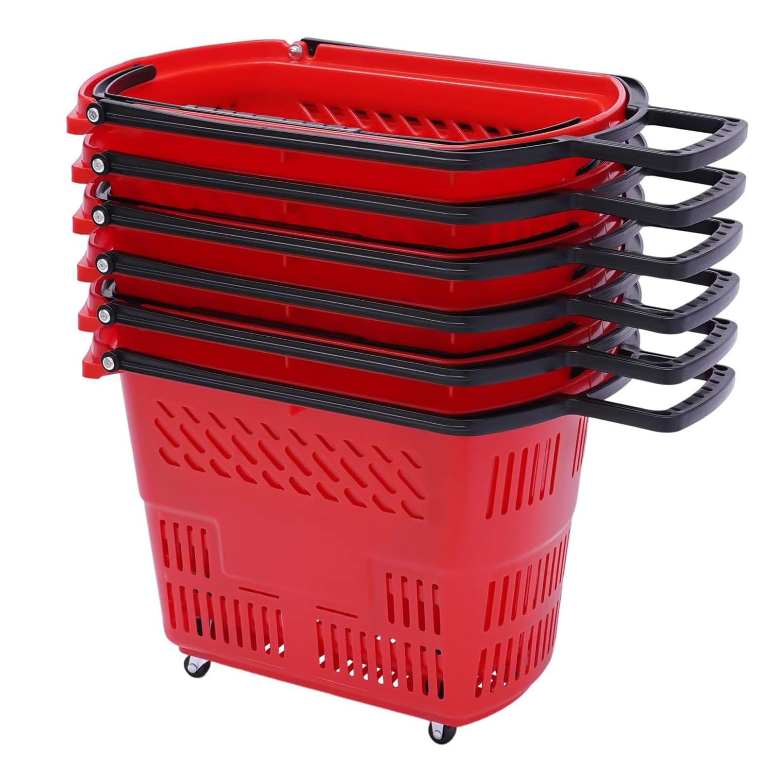 6 cestas portátiles de 35 L para compras de comestibles con ruedas y asas, cestas de plástico rojo para supermercados y tiendas minoristas, ideales para compras y almacenamiento fáciles