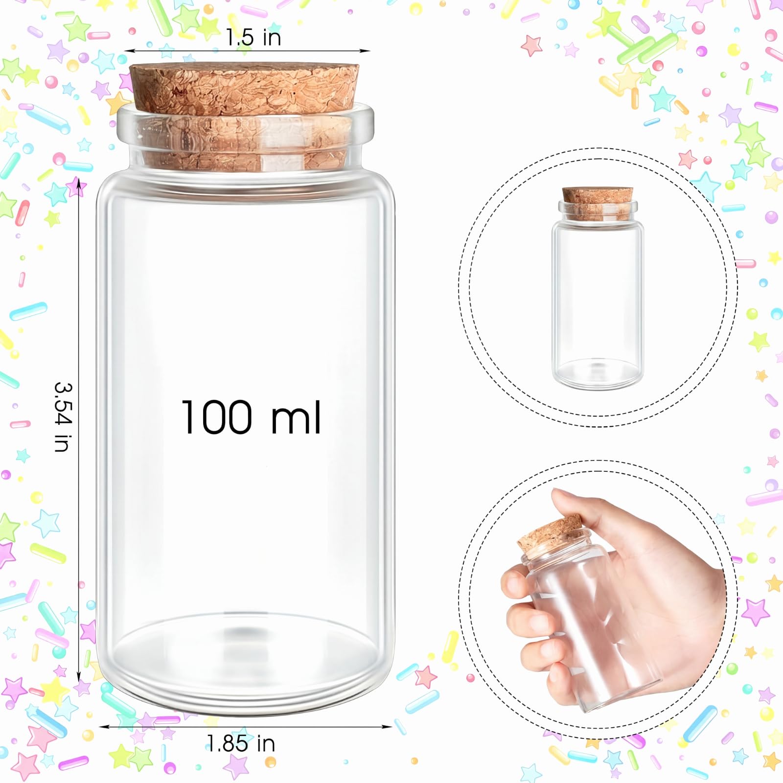 24 kleine Glas-Korkflaschen, 100 ml, kleine Glasgläser, Zaubergläser, transparente Trankflaschen, Mini-Glasflaschen mit Korkflasche, helle DIY-Sandwasser-Nachricht, dekoratives Glas, Partyzubehör