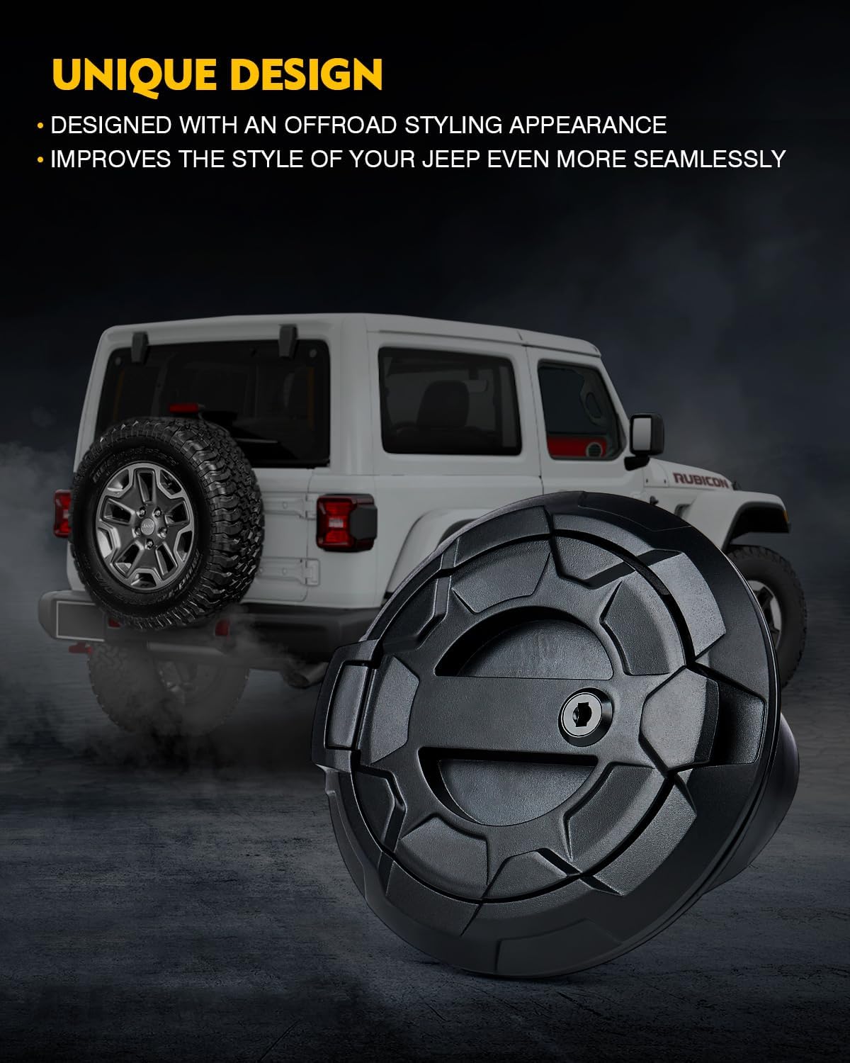 Xprite Gas Tank Cap Cover with Wheel Pattern Design, Aluminum Lock Fuel Door Cover Compatible with Jeep Wrangler 2018-2026 JL & JLU 2 & 4 Door Unlimited, Matte Black (No Keys Included)