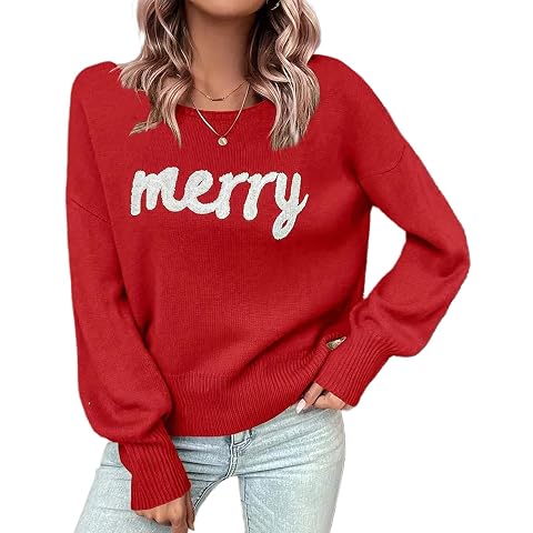 SOLILOQUY Women Merry Christmas Sweater Long Batwing Sleeve Oversized Turtleneck Letter Embroidery Pullover 2025 Xmas Jumpers