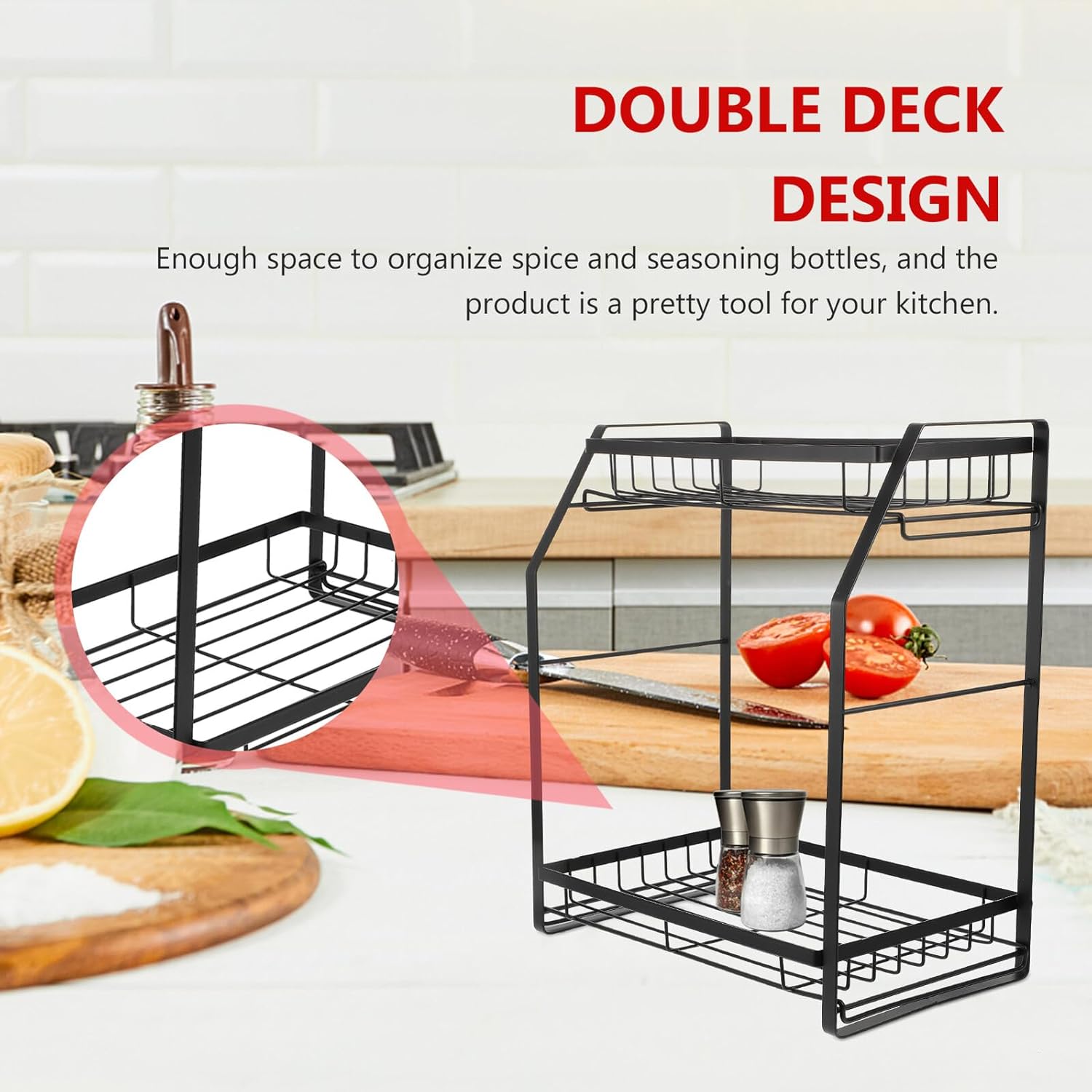 Luxshiny Multi-function Two-layer Spice Rack Black High Carbon Steel Kitchen Seasoning Storage Shelf for Pantry Organization and Countertop Use