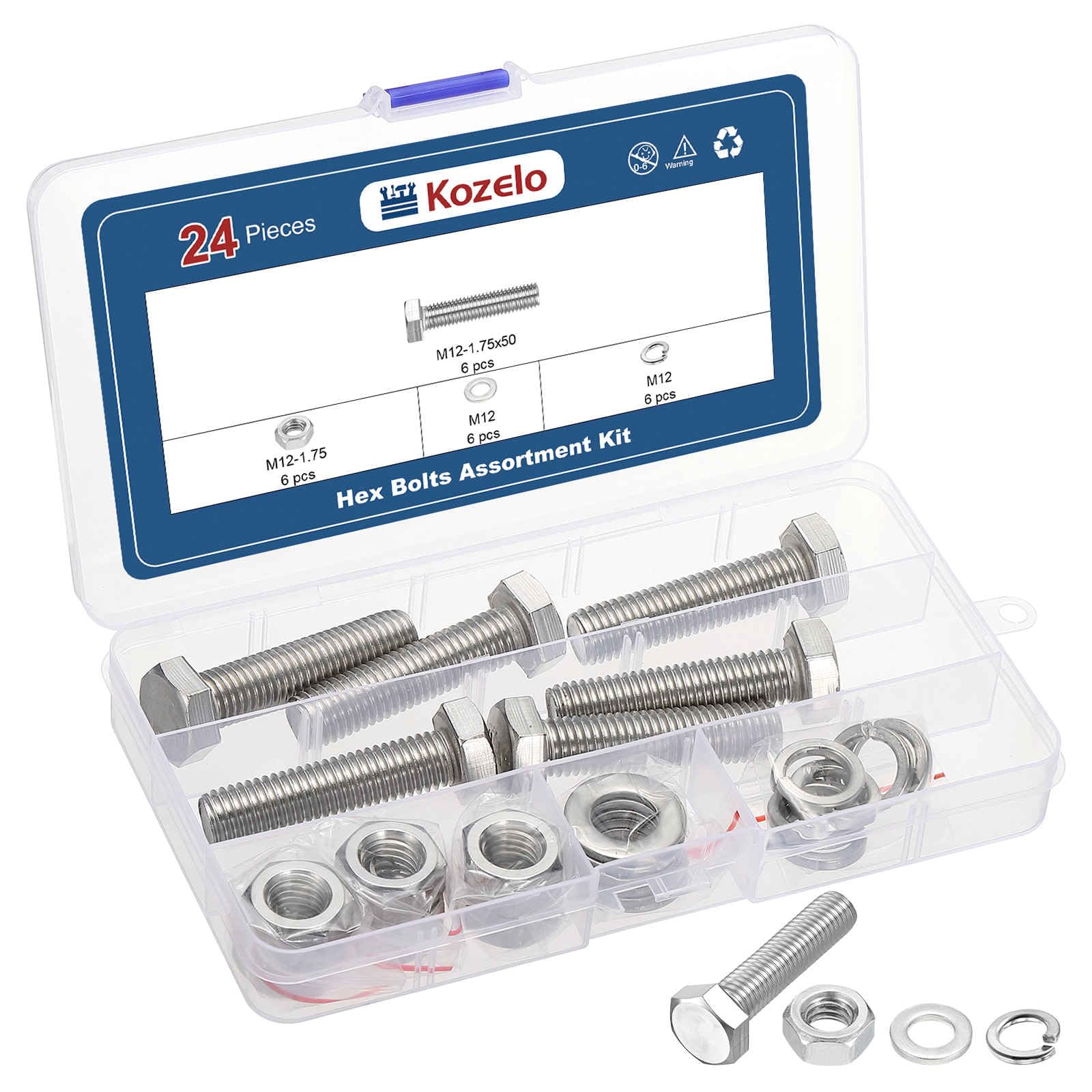 Kozelo 24 Pcs Bolts and Nuts Washers Kit - [M12-1.75x50] 304 Stainless Steel Hex Tap Bolt Assortment Fully Threaded Hexagon Head Machine Bolts Right Hand External Hex Drive, Silver Tone — image 1
