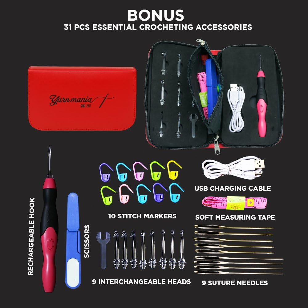 Yarn Mania Light Up Crochet Hooks - 9 Interchangeable Lighted Crochet Hooks (2.5mm - 6.5mm) - Bonus Accessories and Case (Purple)