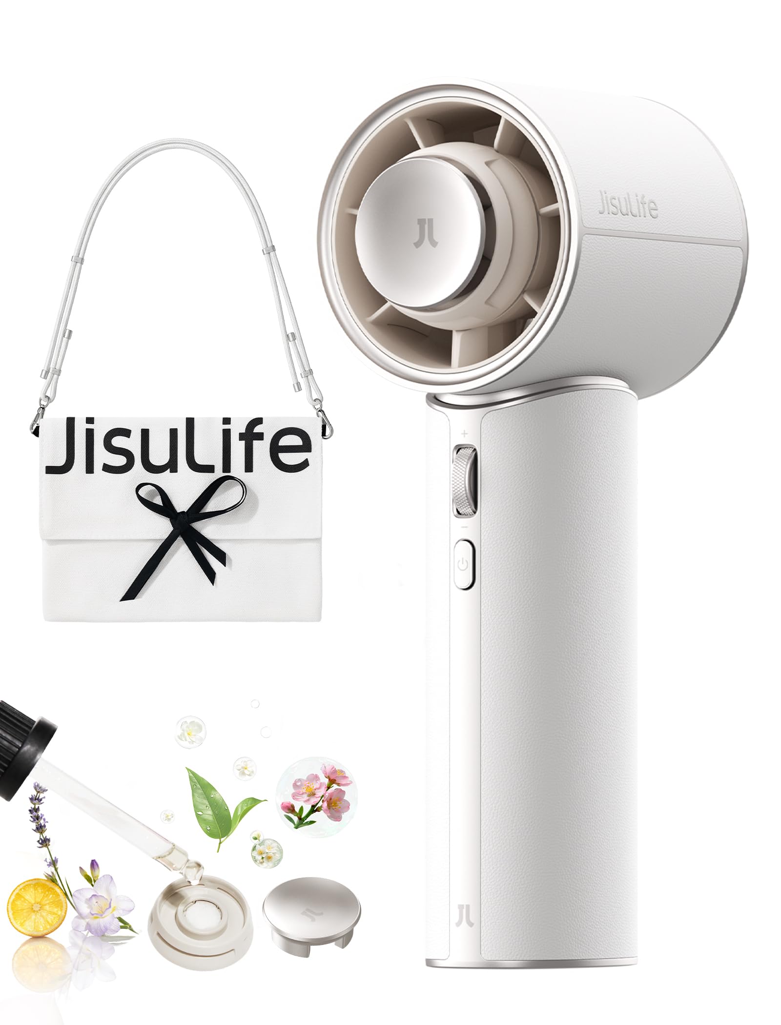 JISULIFE Ventilateur à main, mini turboréacteur portable en cuir PU de haute qualité, [jusqu'à 30 heures de refroidissement], 1-100 vitesses, ventilateur USB pour voyage - blanc