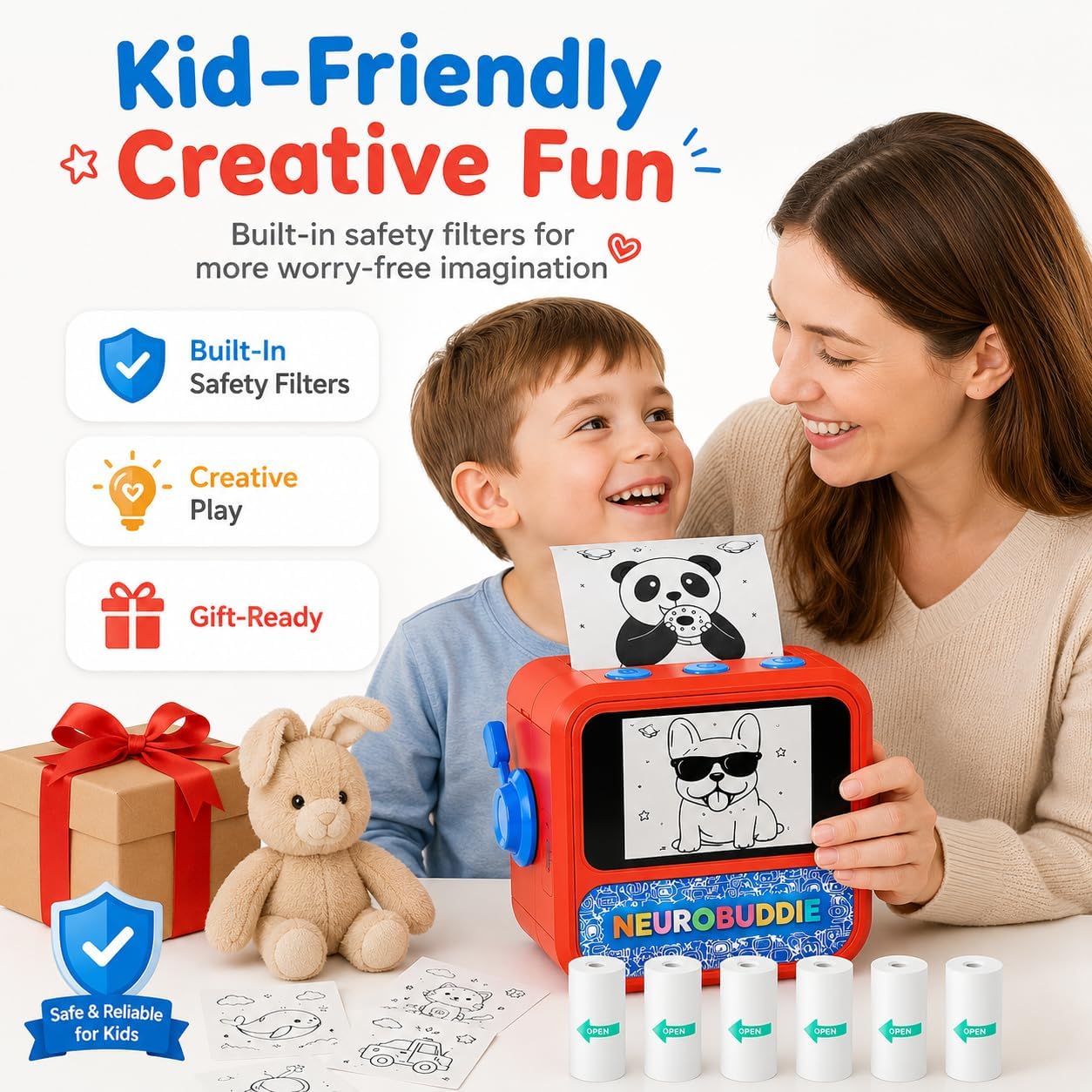 AI Sticker Printer for Kids, Voice Activated Sticker Maker with Screen Preview, 6 Rolls Paper, Inkless Thermal Printer for Coloring Stickers, DIY Crafts, Journals, Creative Gift for Boys and Girls