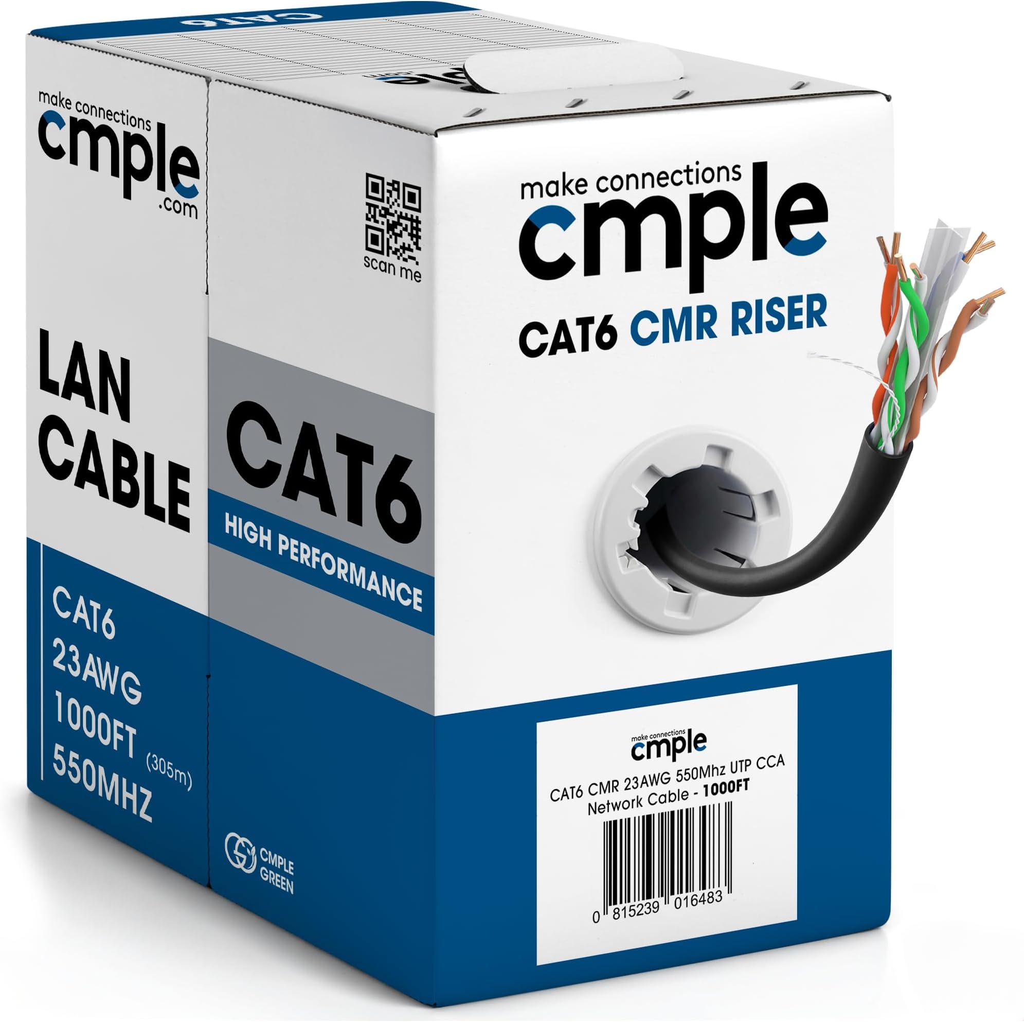 Cat6 Cable 1000ft Bulk Lan Ethernet Cat 6 Wire Network UTP 23AWG CMR Riser 10Gbps 550 MHz Pull Box 1000 Feet, Black