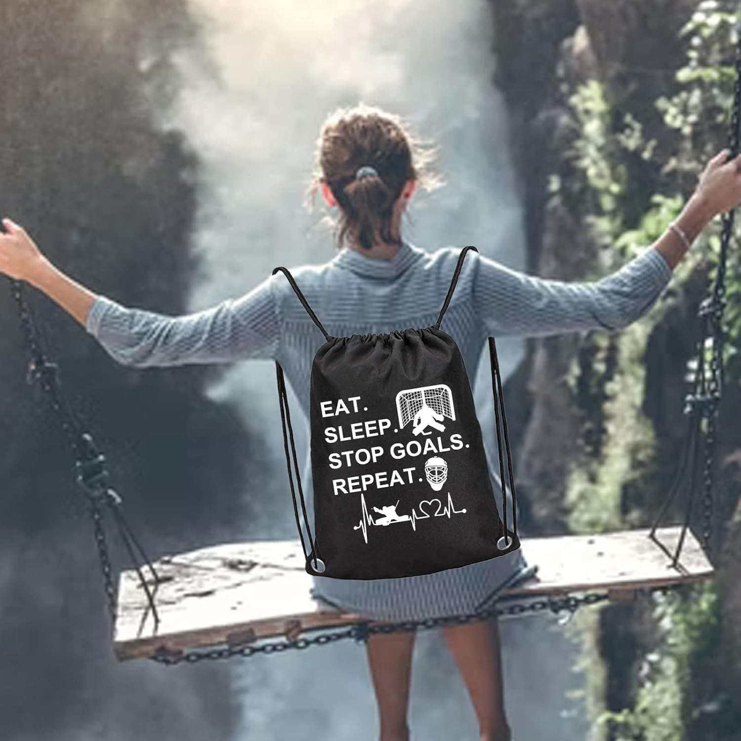 PXTIDY Hockey Bag Hockey Goalie Gift Eat Sleep Stop Goals Repeat Drawstring Backpack Hockey Sport Sackpack - Image 4