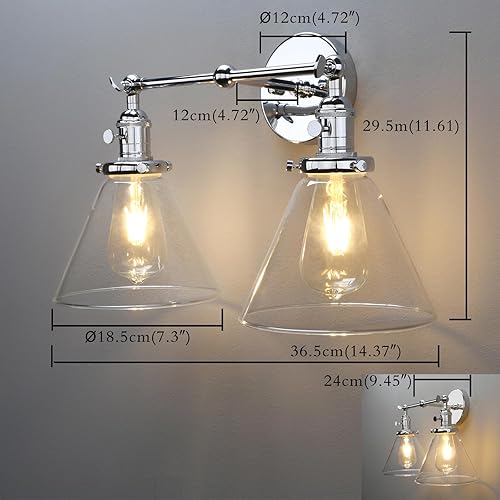 Miniatura 3 de Permo Aplique doble vintage industrial antiguo de 2 luces apliques de pared con embudo de vidrio transparente acampanado (cromado)