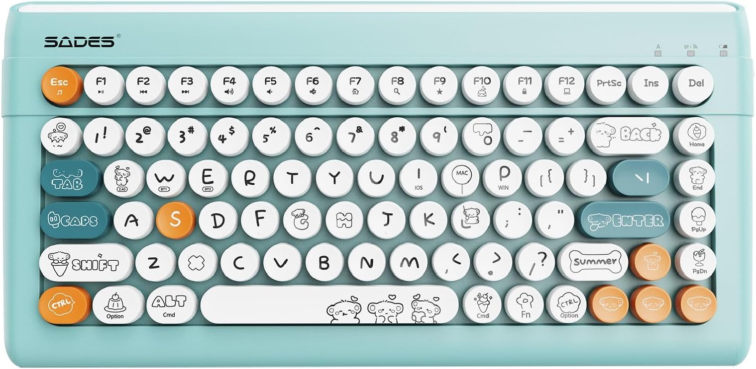 Wireless Bluetooth Keyboard for iPads Tablet Mac PC Laptop Desktop Smart Phone,Cute Typewriter Style Computer Keyboards with Round Raised Keycaps,Mini iPad Keyboard for Kids Girl Women-Blue Colorful