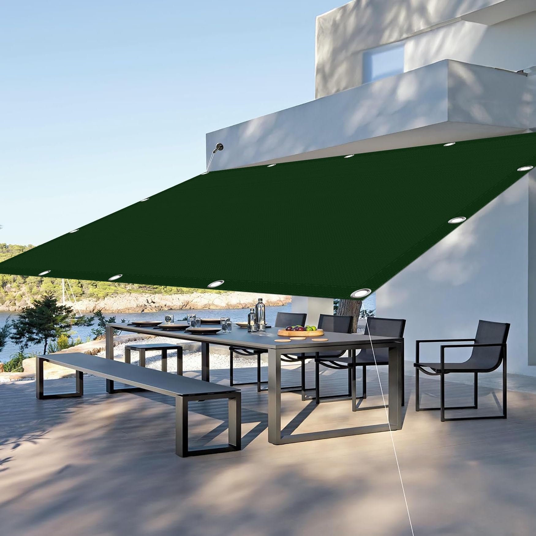 Toile ombrage étanche 6.5x7.5m ultra résistante anti-déchirures vert foncé