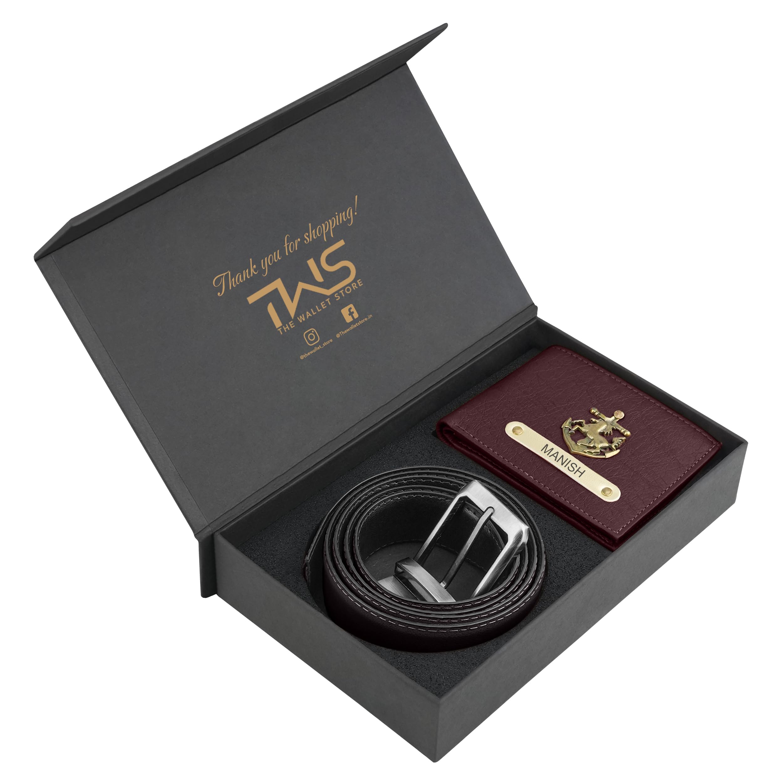 enigma faux leather wallet & belt gift set for men | with personalized name & charm | best combo for husband, father, boyfriend, brother, etc (cherry)