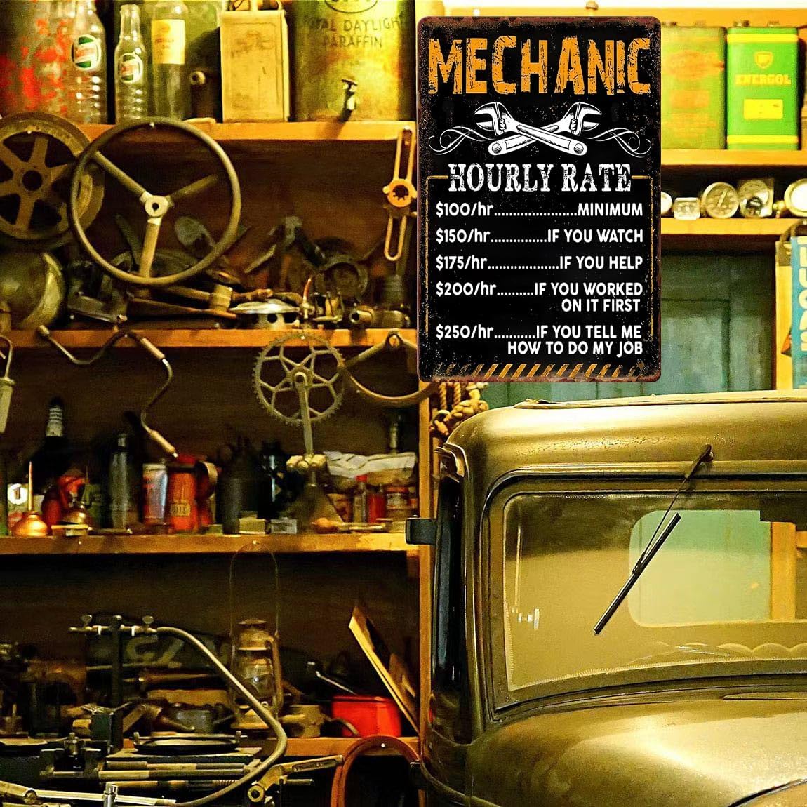 Funny Mechanic Shop Sign Mechanic Hourly Rate Metal Tin Sign Vintage Garage Shop Rates Signs Mechanical Garage Accessories Auto Garage Decor Tool Wall Art Signs 8 X 12 Inch - Image 6