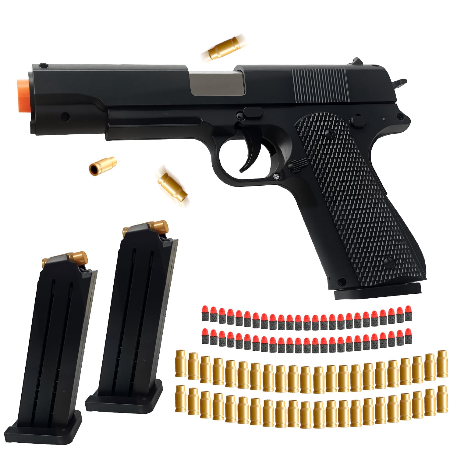 Kids Safe Foam Blaster Pistol - Shell Ejecting Toy Gun with 50 Soft Bullets & 40 Reusable Shells - Shoots 32 Feet - Easy Load Design for Ages 6+ -