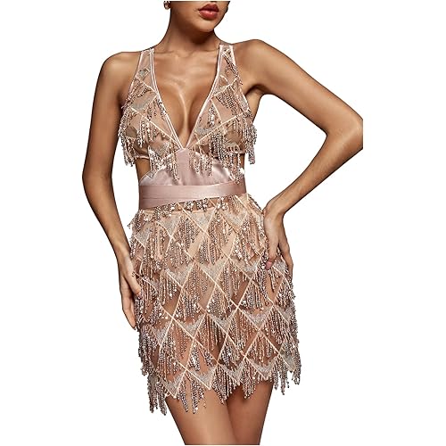 L'VOW Women's Glitter Sexy Deep V Neck Sequin Beaded Halter Bodycon Dresses Mini Nightclub Party Dresses (Champagne, XL)