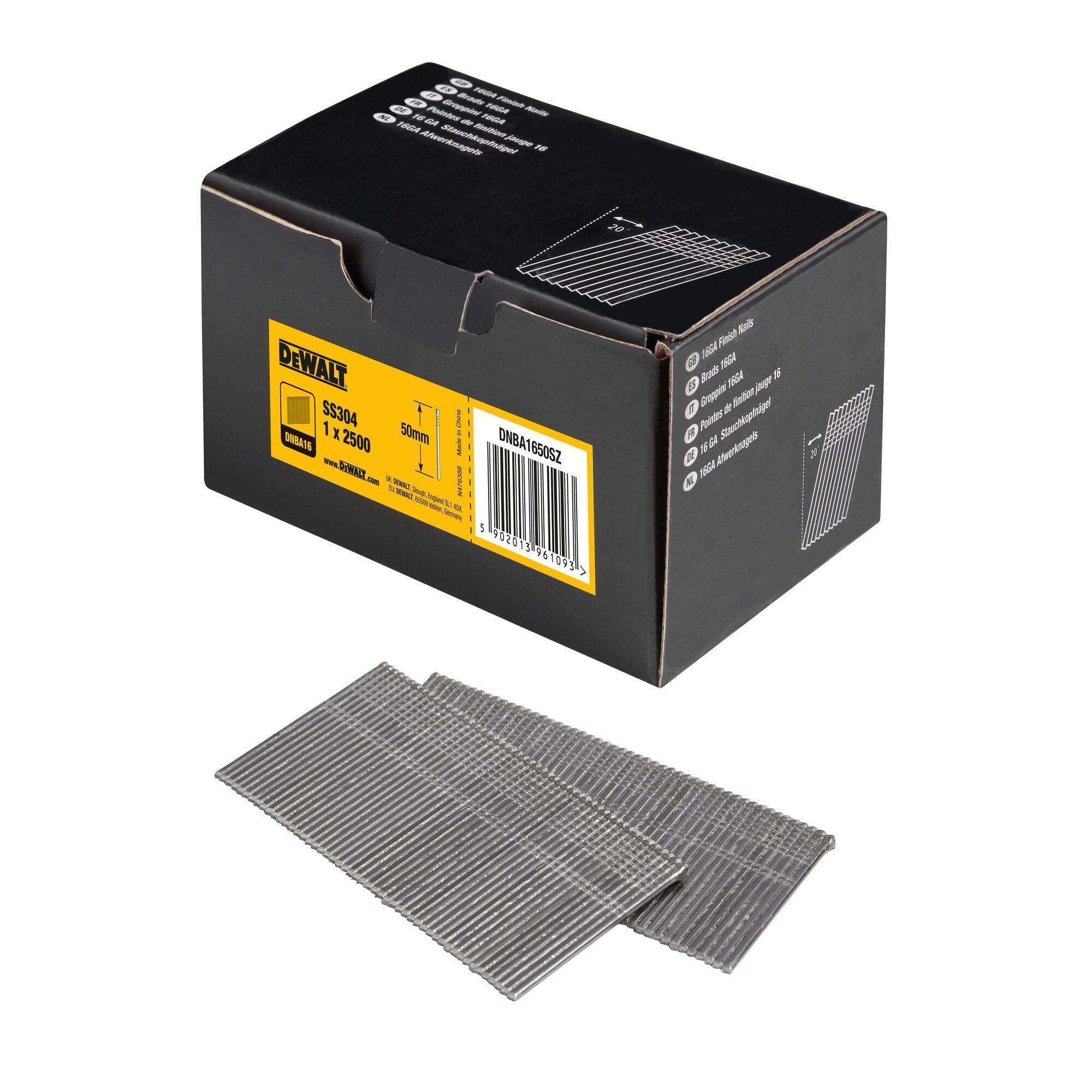 DEWALT DNBA1650SZ Clous 20, Gris, Taille SS 50mm, Set de 2500 Pièces